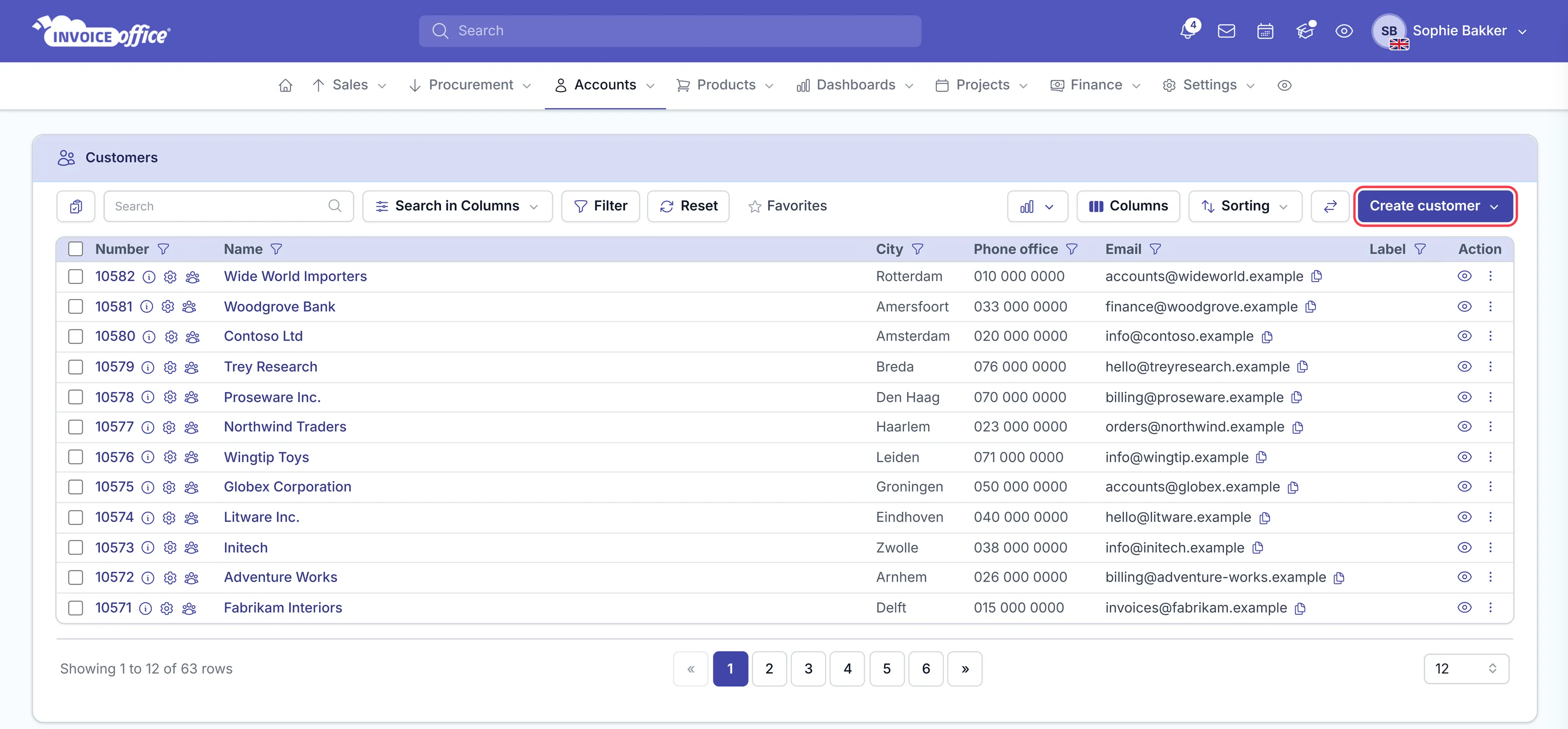 The Invoice Office customers list showing customer number, name, city, phone office and email columns, with the Create customer button in the top right outlined in red