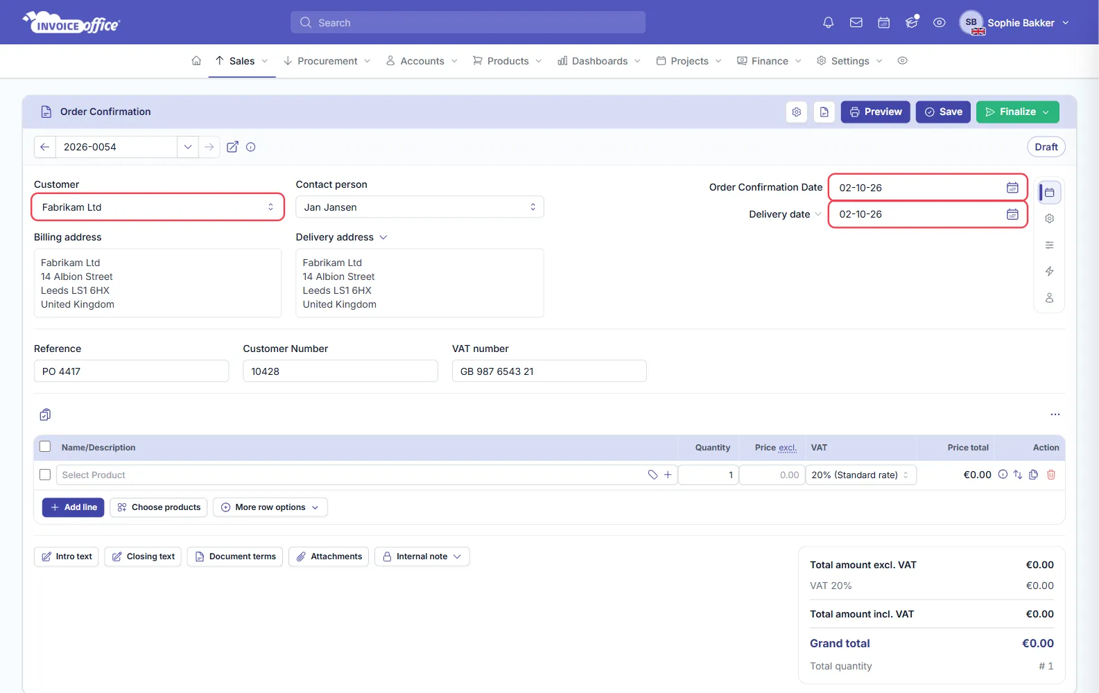 An Invoice Office order confirmation with the basics filled in: customer Fabrikam Ltd, contact person Jan Jansen, billing and delivery addresses in Leeds, customer number 10428 and VAT number, with the order confirmation date and delivery date outlined in red