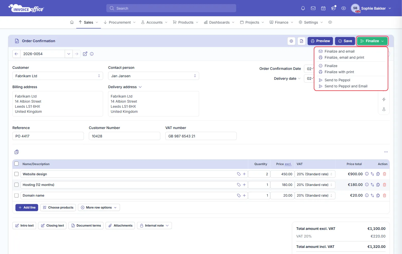 The Finalize menu open on an Invoice Office order confirmation, listing Finalize and email, Finalize, email and print, Finalize, Finalize with print, Send to Peppol and Send to Peppol and Email