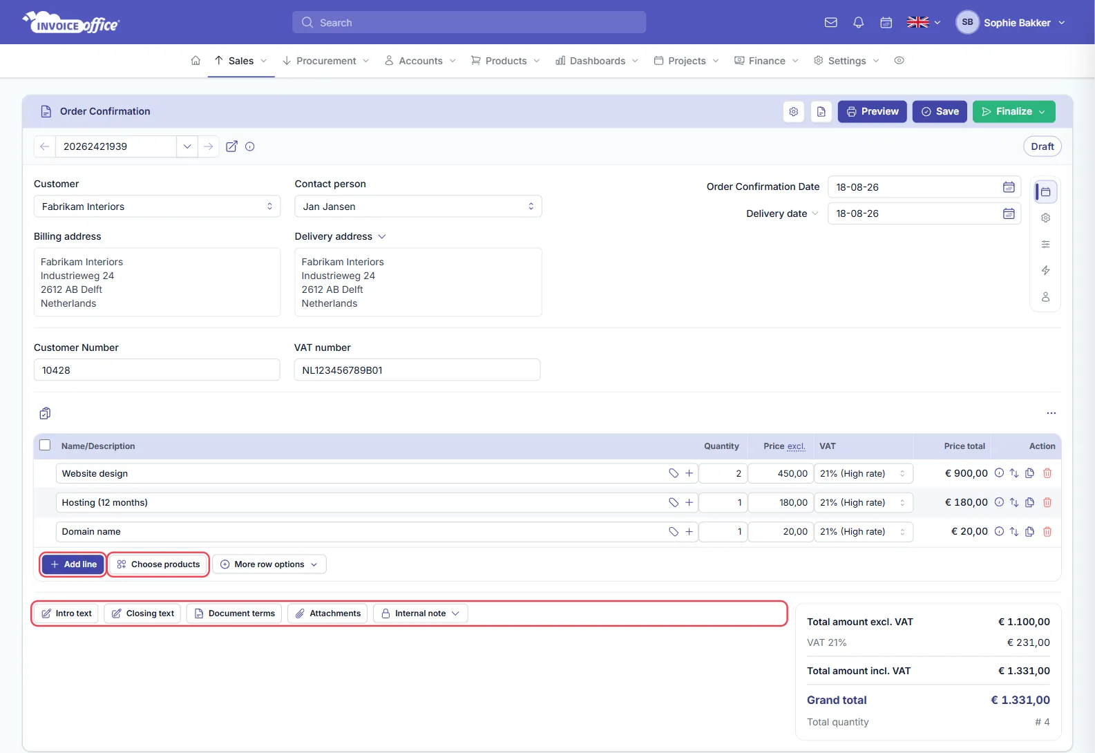 The same Invoice Office order confirmation with three lines added — Website design 2 × 450,00, Hosting (12 months) 180,00 and Domain name 20,00 at 21% VAT — and totals of 1.100,00 excluding VAT, 231,00 VAT and 1.331,00 including VAT; Add line, Choose products and the note buttons are outlined in red