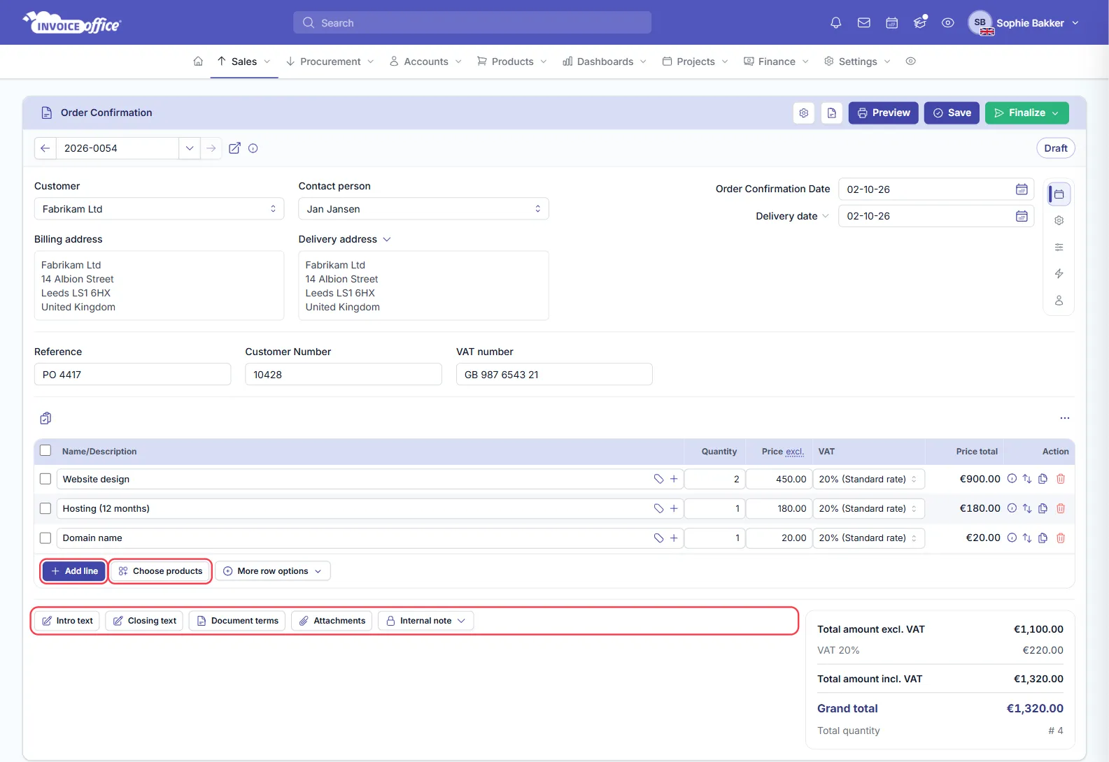 The same Invoice Office order confirmation with three lines added — Website design 2 × €450.00, Hosting (12 months) €180.00 and Domain name €20.00 at 20% VAT — and totals of €1,100.00 excluding VAT, €220.00 VAT and €1,320.00 including VAT; Add line, Choose products and the note buttons are outlined in red