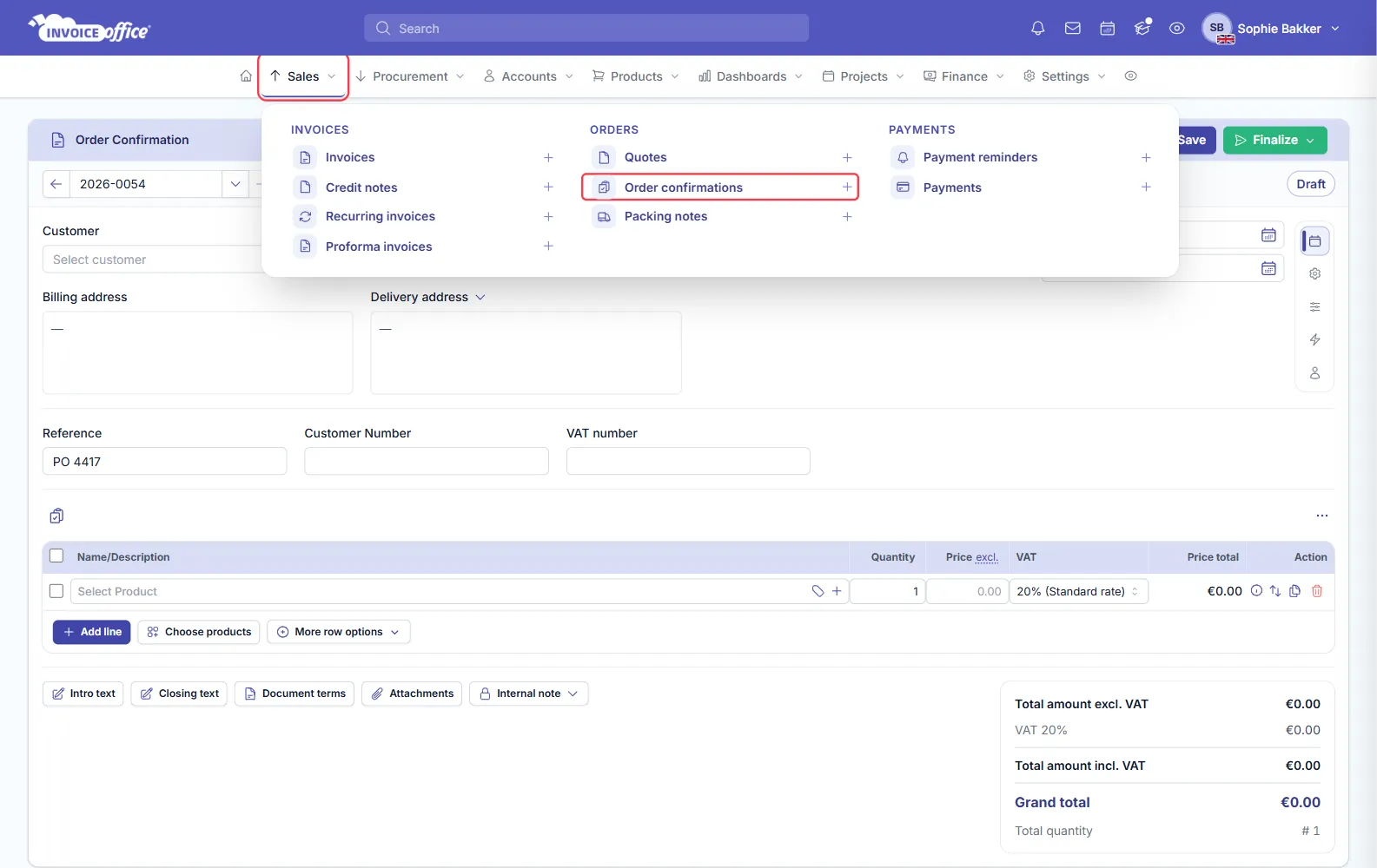 The Sales menu open in Invoice Office with Quotes, Order confirmations and Packing notes under ORDERS, each with a plus icon; Order confirmations and its plus icon are outlined in red