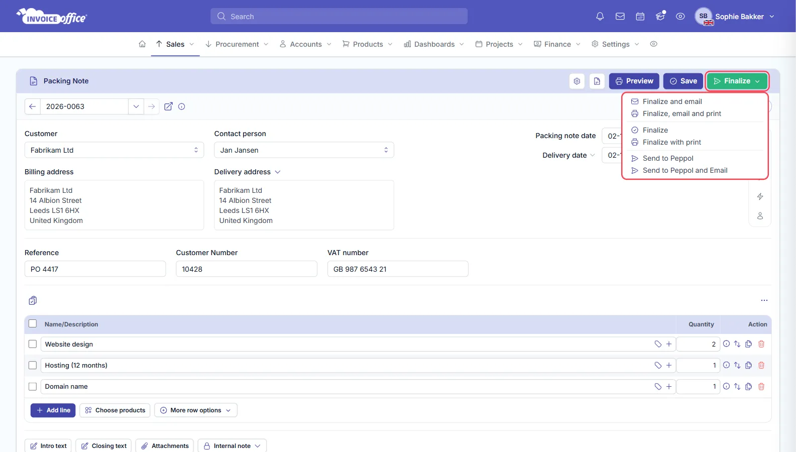 The Finalize menu open on an Invoice Office packing note, listing Finalize and email, Finalize, email and print, Finalize, Finalize with print, Send to Peppol and Send to Peppol and Email
