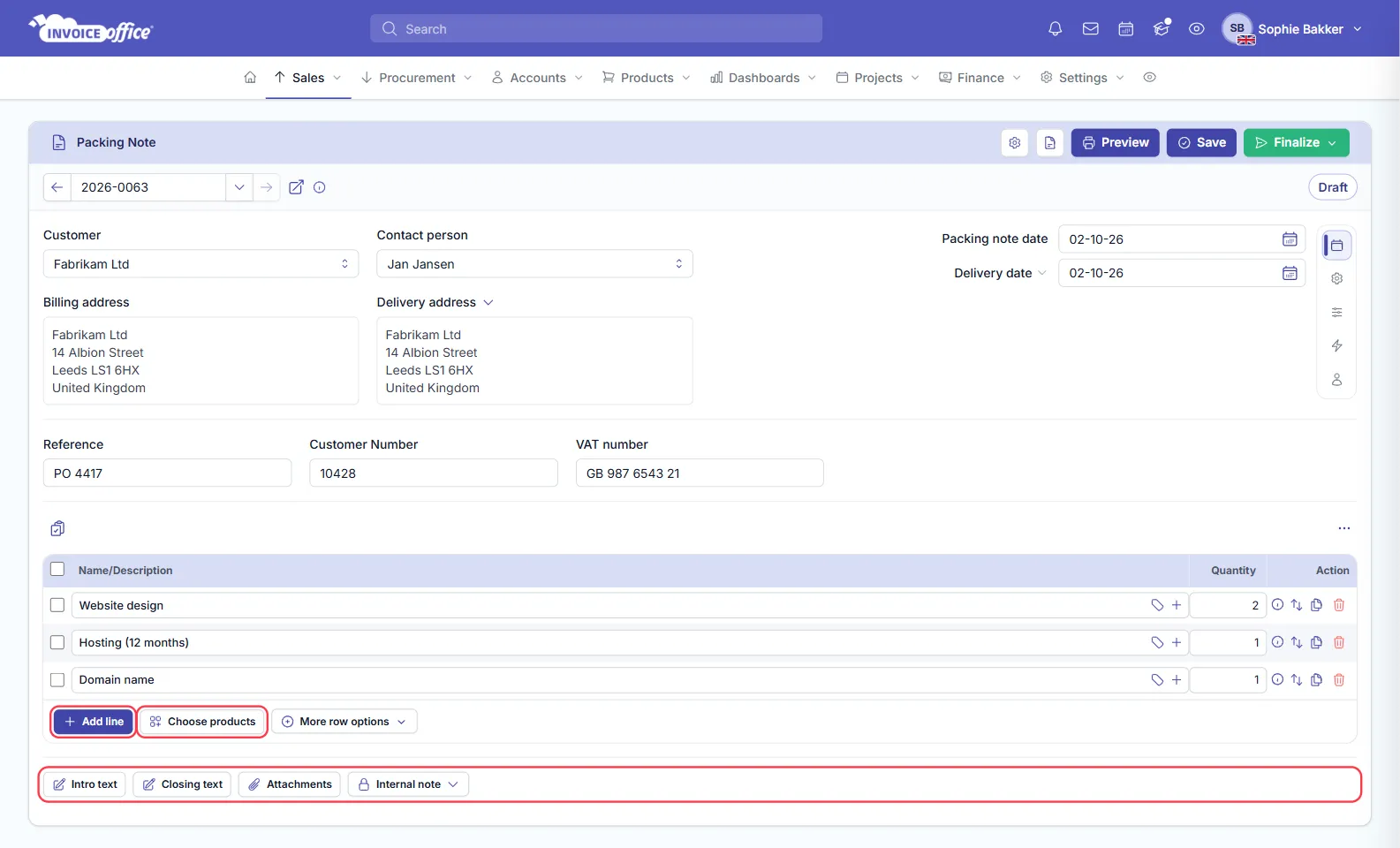 The same Invoice Office packing note with three lines added — Website design quantity 2, Hosting (12 months) quantity 1 and Domain name quantity 1 — showing only Name/Description and Quantity columns; Add line, Choose products and the note buttons are outlined in red
