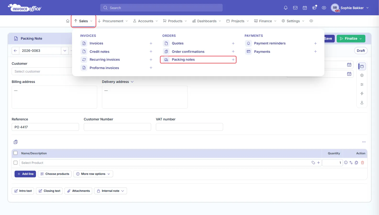 The Sales menu open in Invoice Office with Quotes, Order confirmations and Packing notes under ORDERS, each with a plus icon; Packing notes and its plus icon are outlined in red
