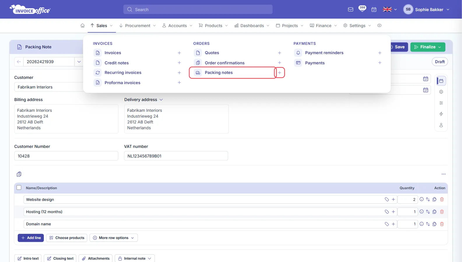 The Sales menu open in Invoice Office with Quotes, Order confirmations and Packing notes under ORDERS, each with a plus icon; Packing notes and its plus icon are outlined in red