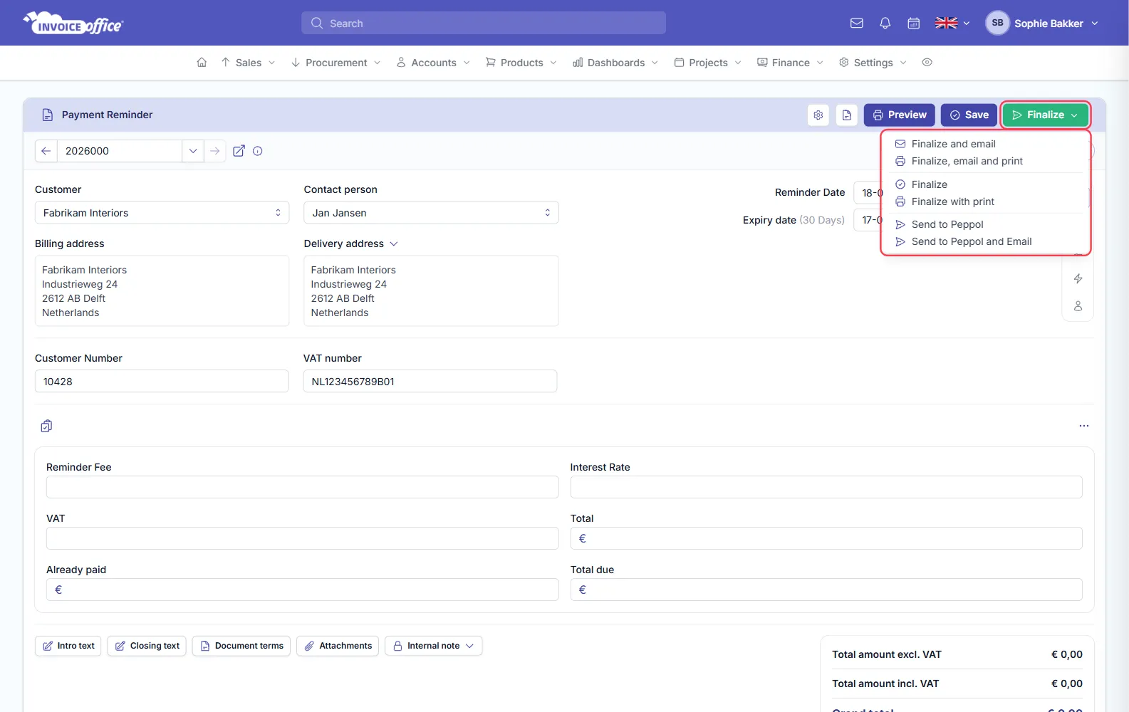 The Finalize menu open on an Invoice Office payment reminder, listing Finalize and email, Finalize, email and print, Finalize, Finalize with print, Send to Peppol and Send to Peppol and Email