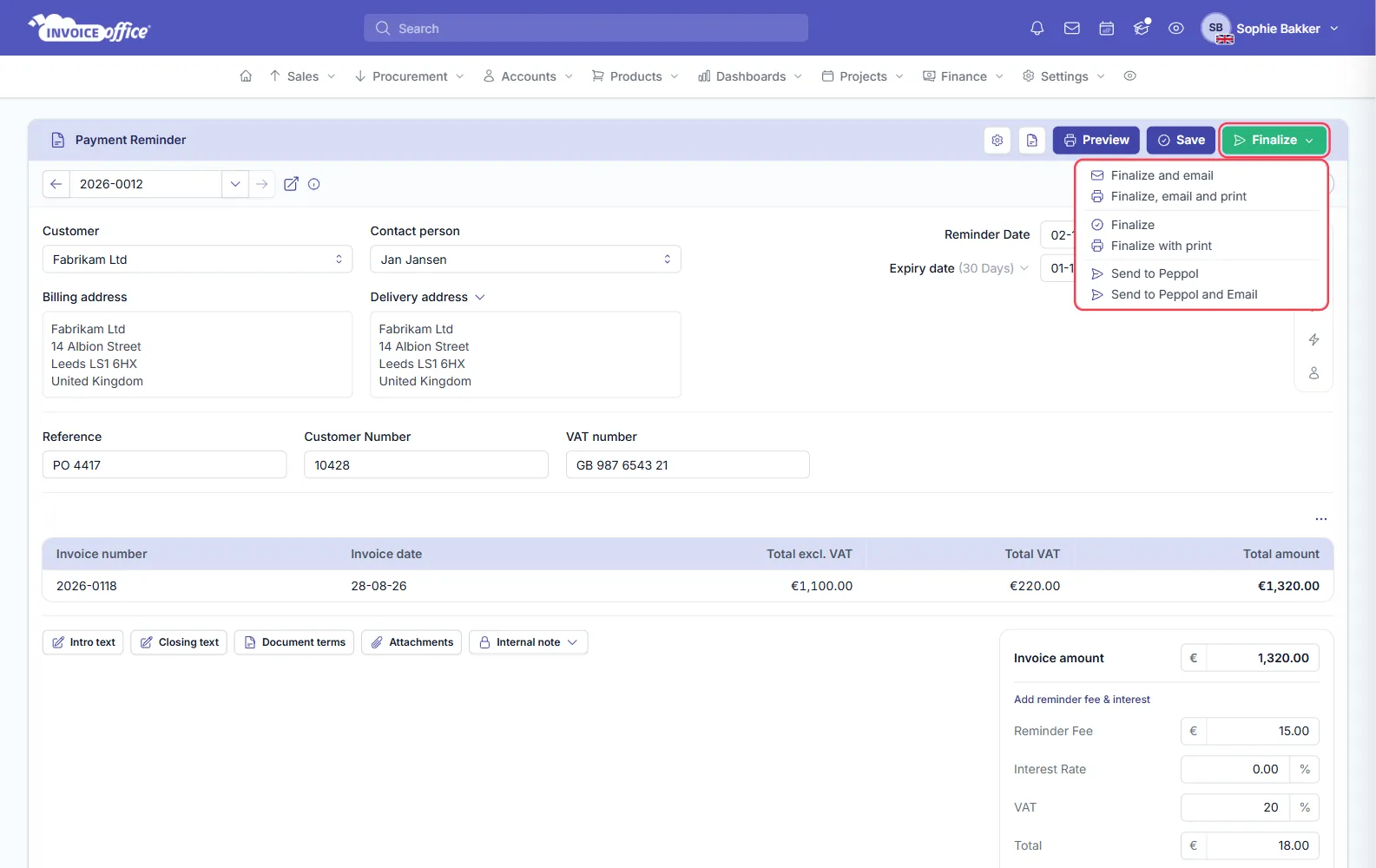 The Finalize menu open on an Invoice Office payment reminder, listing Finalize and email, Finalize, email and print, Finalize, Finalize with print, Send to Peppol and Send to Peppol and Email