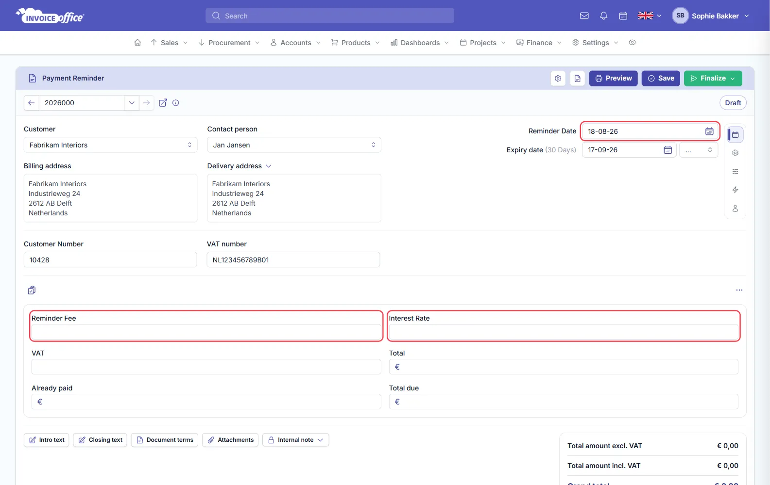 An Invoice Office payment reminder with customer Fabrikam Interiors filled in, showing Reminder Fee, Interest Rate, VAT, Total, Already paid and Total due fields; the reminder date, Reminder Fee and Interest Rate are outlined in red