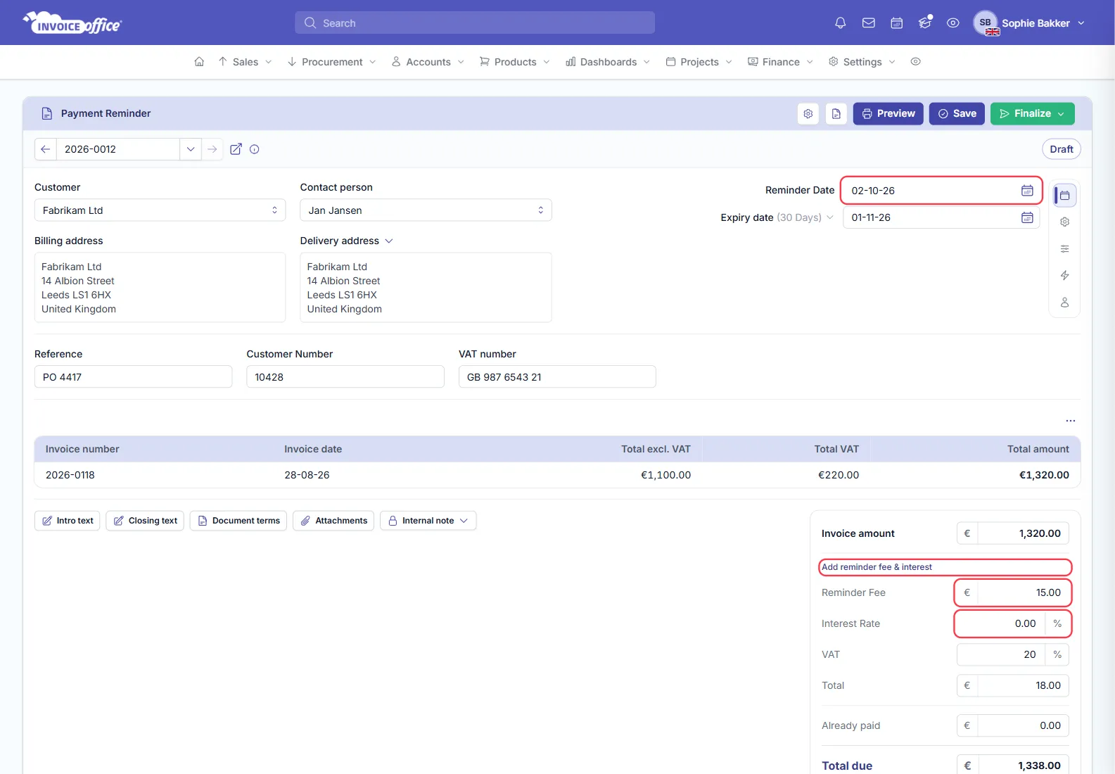An Invoice Office payment reminder for Fabrikam Ltd chasing invoice 2026-0118 of €1,320.00, with Add reminder fee & interest opened on a €15.00 Reminder Fee, 0.00 % Interest Rate, 20 % VAT and an €18.00 total, nothing already paid and €1,338.00 due; the reminder date, Add reminder fee & interest, Reminder Fee and Interest Rate are outlined in red