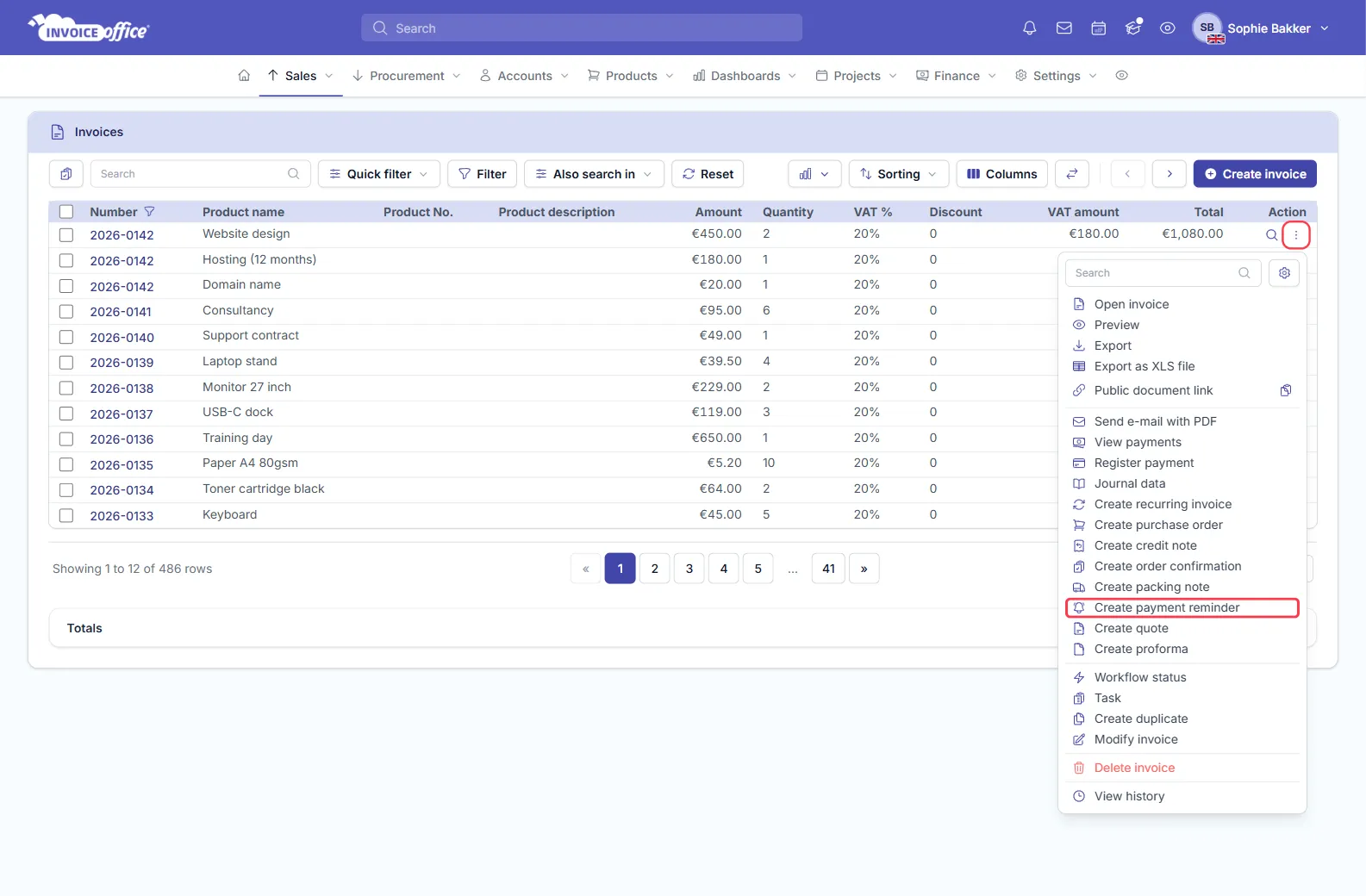 The Invoice Office invoices list with a row's Action menu open, showing Open invoice, Preview, Export, Send e-mail with PDF, Register payment, Create credit note, Create payment reminder and more; the Action button and Create payment reminder are outlined in red