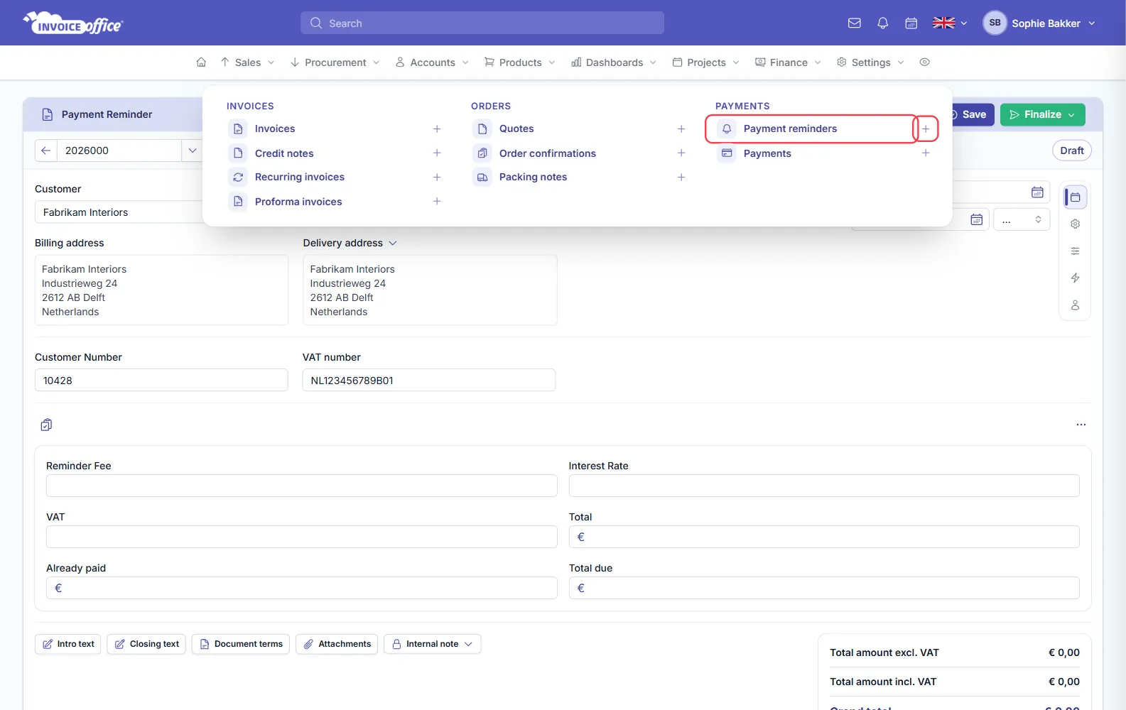 The Sales menu open in Invoice Office with Payment reminders and Payments under PAYMENTS, each with a plus icon; Payment reminders and its plus icon are outlined in red