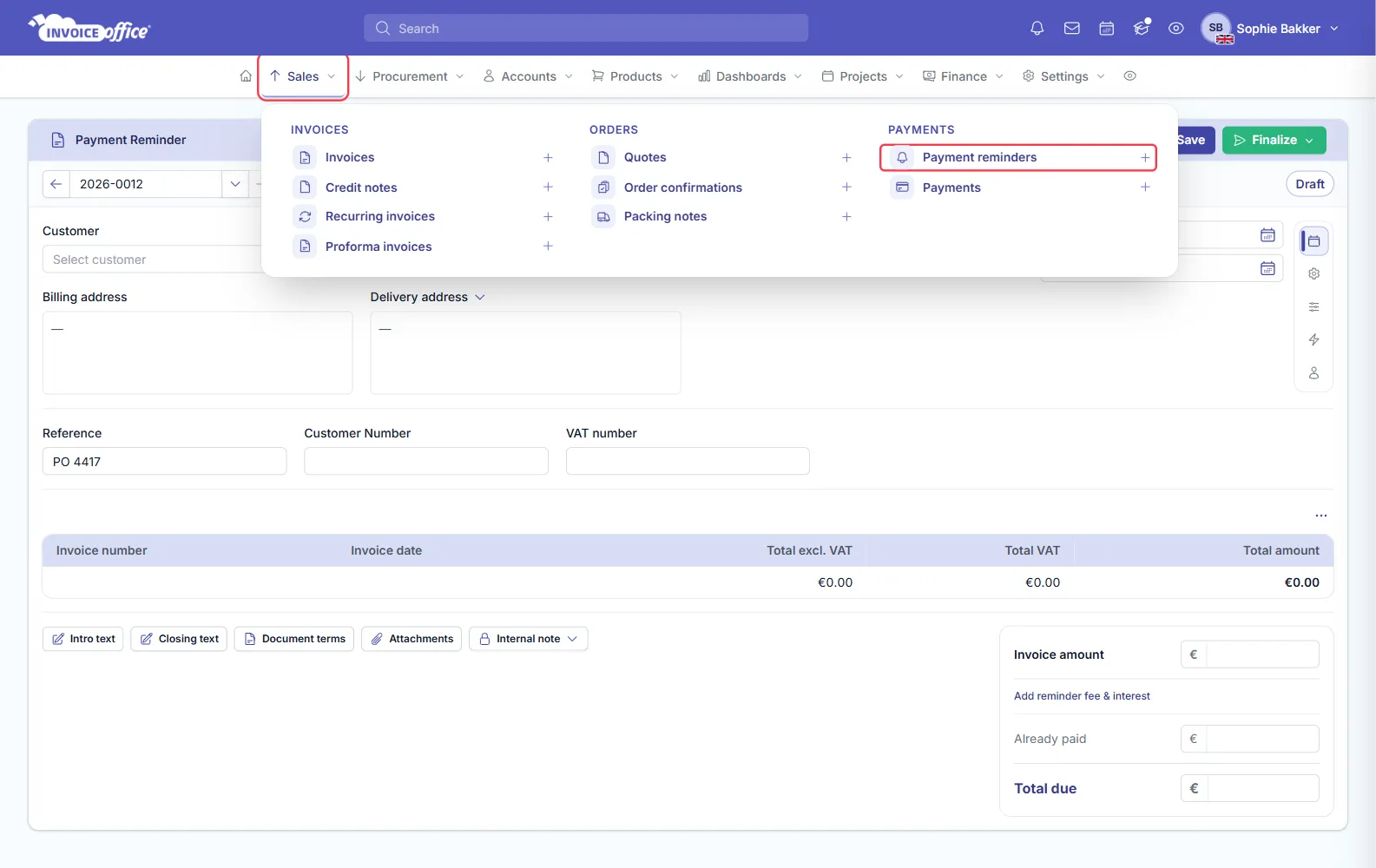 The Sales menu open in Invoice Office with Payment reminders and Payments under PAYMENTS, each with a plus icon; Payment reminders and its plus icon are outlined in red