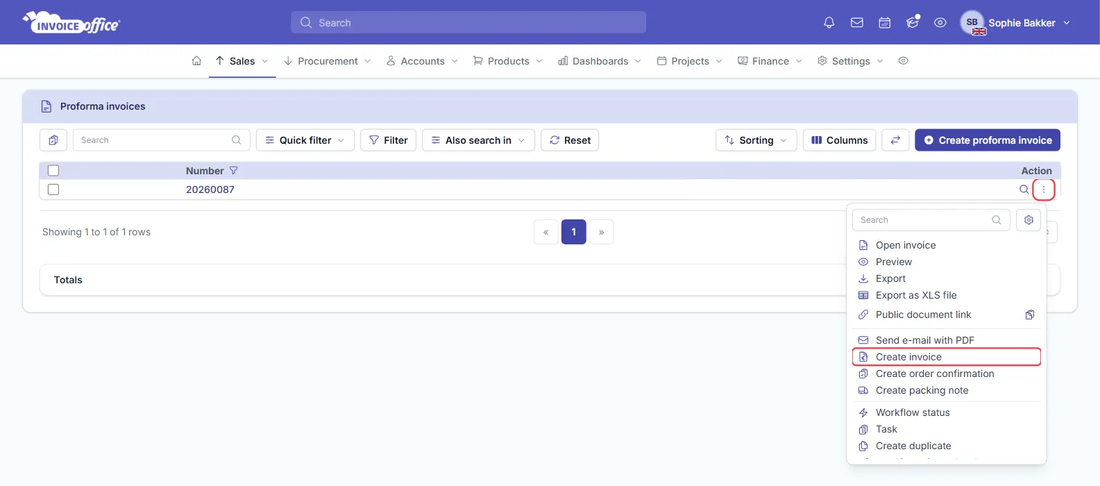 The Invoice Office proforma invoices list with the Action menu open on proforma 20260087, showing Open invoice, Preview, Export, Export as XLS file, Public document link, Send e-mail with PDF, Create invoice, Create order confirmation, Create packing note, Workflow status, Task and Create duplicate; the Action button and Create invoice are outlined in red