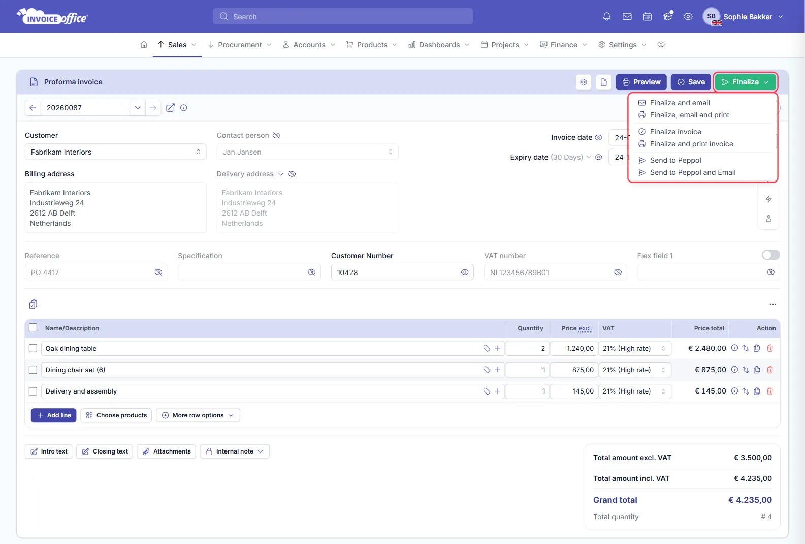 The Finalize menu open on a proforma invoice in Invoice Office, showing Finalize and email, Finalize, email and print, Finalize invoice, Finalize and print invoice, Send to Peppol and Send to Peppol and Email; the Finalize button and its menu are outlined in red