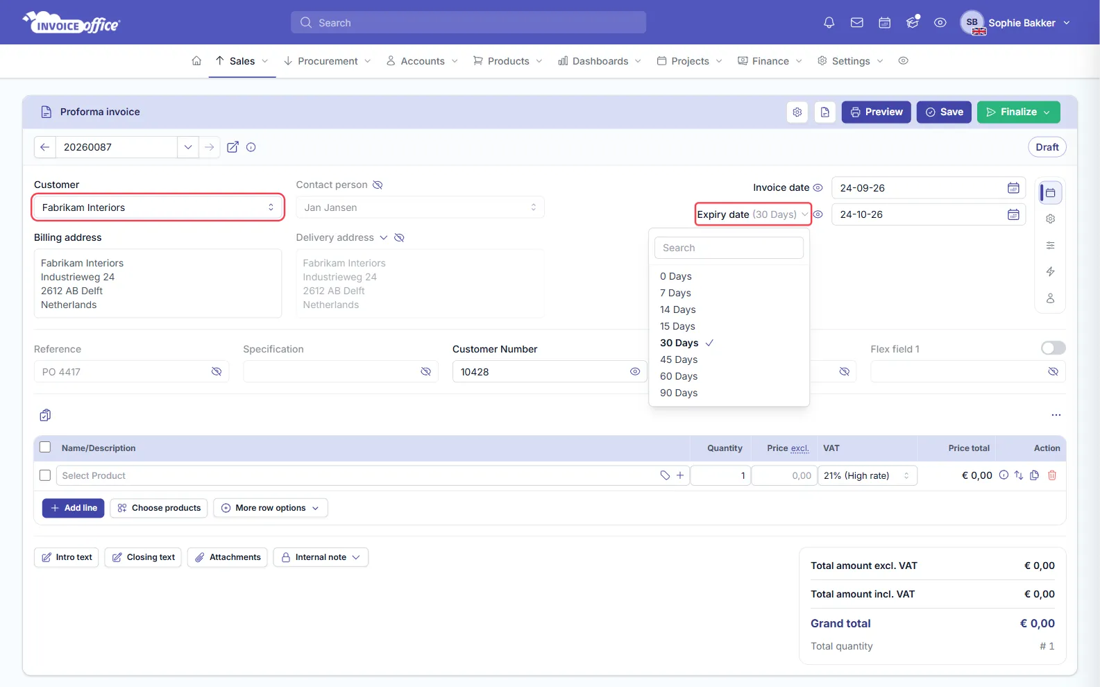 A new proforma invoice in Invoice Office for Fabrikam Interiors with contact person Jan Jansen, billing and delivery address, Invoice date 24-09-26 and the Expiry date presets open from 0 to 90 Days with 30 Days ticked; the Customer field and Expiry date are outlined in red