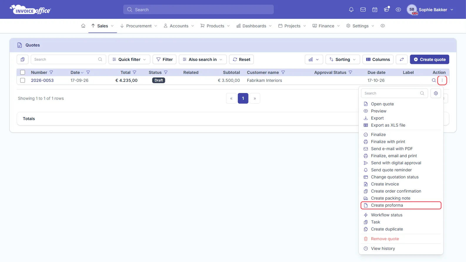 The Invoice Office quotes list with the Action menu open on quote 2026-0053 for Fabrikam Interiors, listing Open quote, Preview, Finalize, Send with digital approval, Change quotation status, Create invoice, Create order confirmation, Create packing note and Create proforma; the Action button and Create proforma are outlined in red