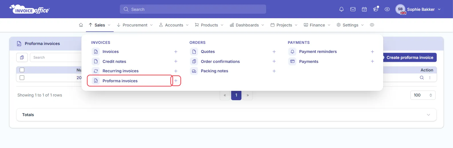 The Sales menu open in Invoice Office over the proforma invoices list, with Invoices, Credit notes, Recurring invoices and Proforma invoices under INVOICES; Proforma invoices and its plus icon are outlined in red