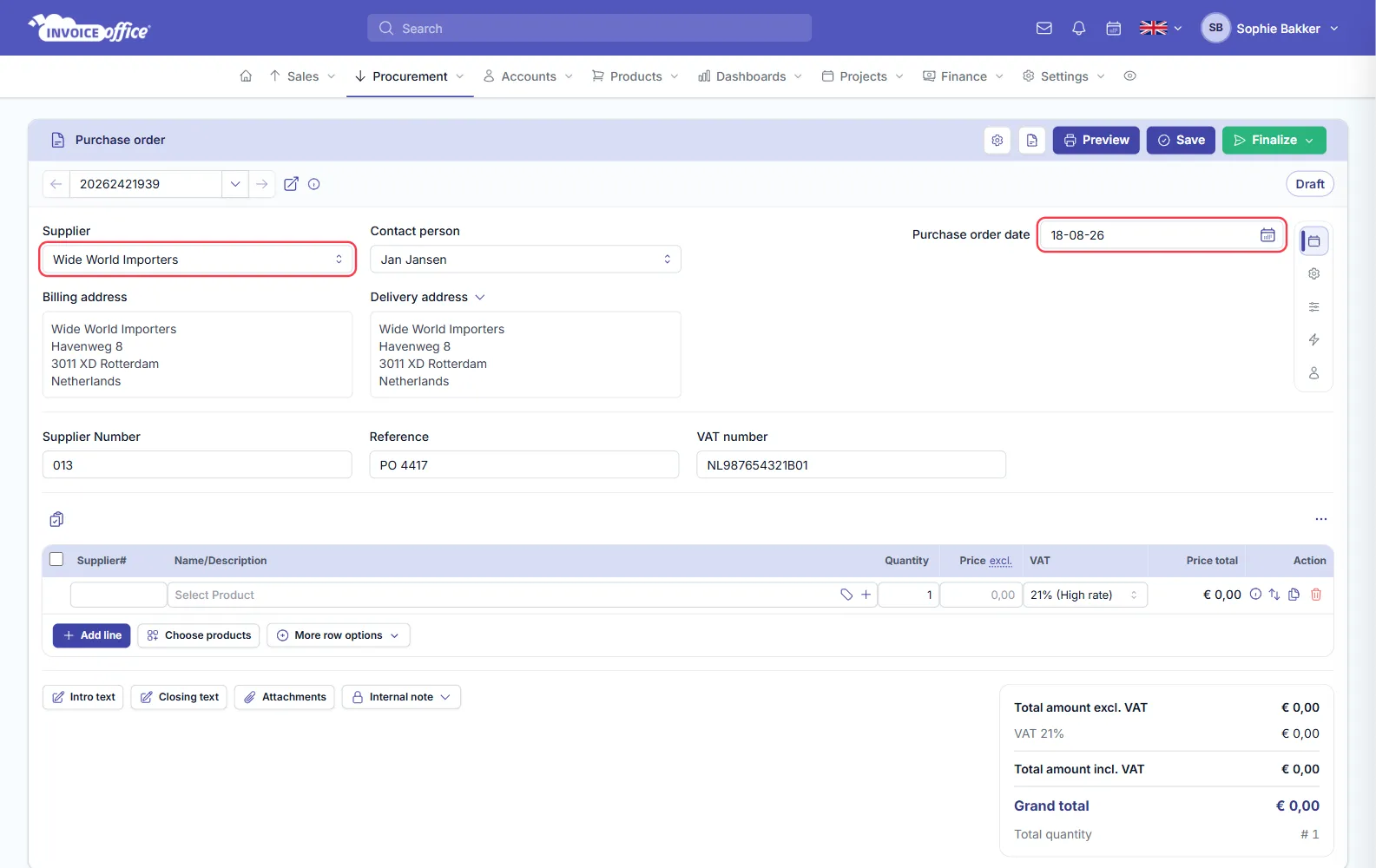 An Invoice Office purchase order with the basics filled in: supplier Wide World Importers, contact person Jan Jansen, billing and delivery addresses in Rotterdam, supplier number and VAT number, with the supplier field and purchase order date outlined in red