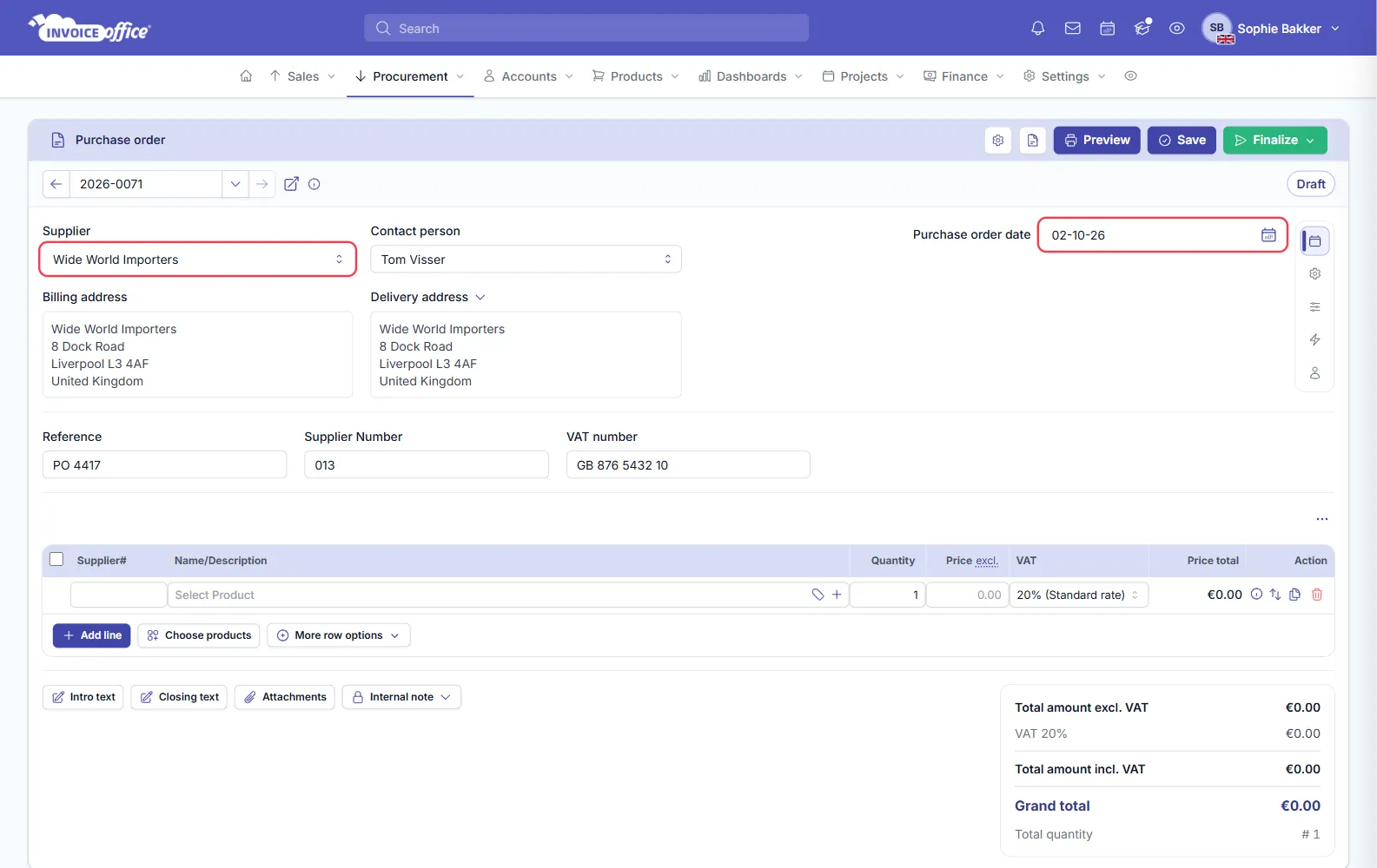 An Invoice Office purchase order with the basics filled in: supplier Wide World Importers, contact person Tom Visser, billing and delivery addresses in Liverpool, supplier number and VAT number, with the supplier field and purchase order date outlined in red