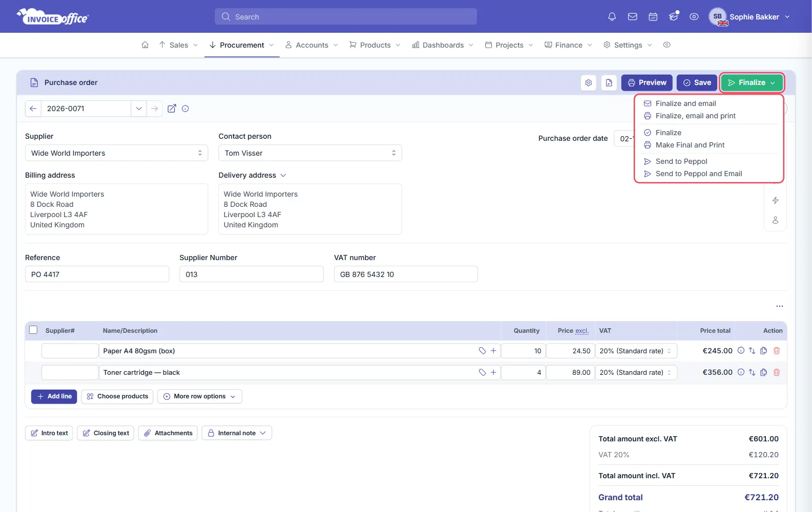 The Finalize menu open on an Invoice Office purchase order, listing Finalize and email, Finalize, email and print, Finalize, Make Final and Print, Send to Peppol and Send to Peppol and Email