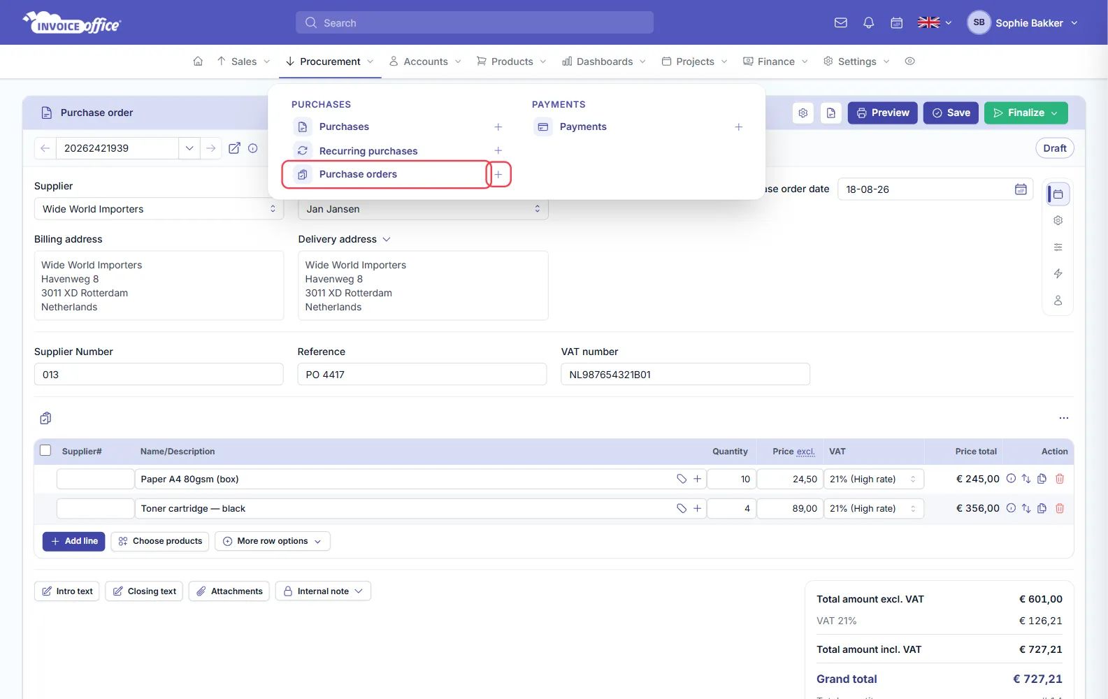 The Procurement menu open in Invoice Office with Purchases, Purchase orders and Recurring purchases, each with a plus icon; Purchase orders and its plus icon are outlined in red