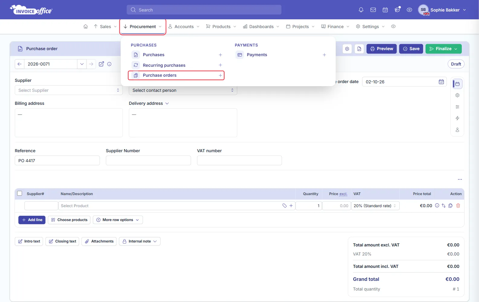 The Procurement menu open in Invoice Office with Purchases, Purchase orders and Recurring purchases, each with a plus icon; Purchase orders and its plus icon are outlined in red