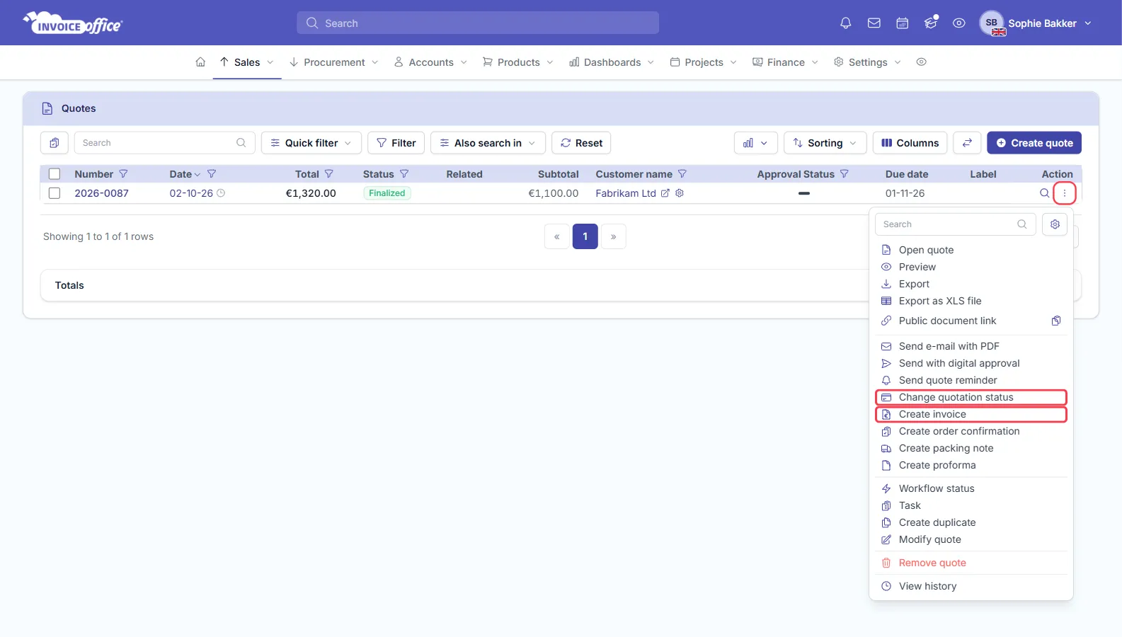 The Invoice Office quotes list with a row's Action menu open, showing Open quote, Preview, Export, Finalize options, Send with digital approval, Send quote reminder, Change quotation status and Create invoice; the Action button, Change quotation status and Create invoice are outlined in red