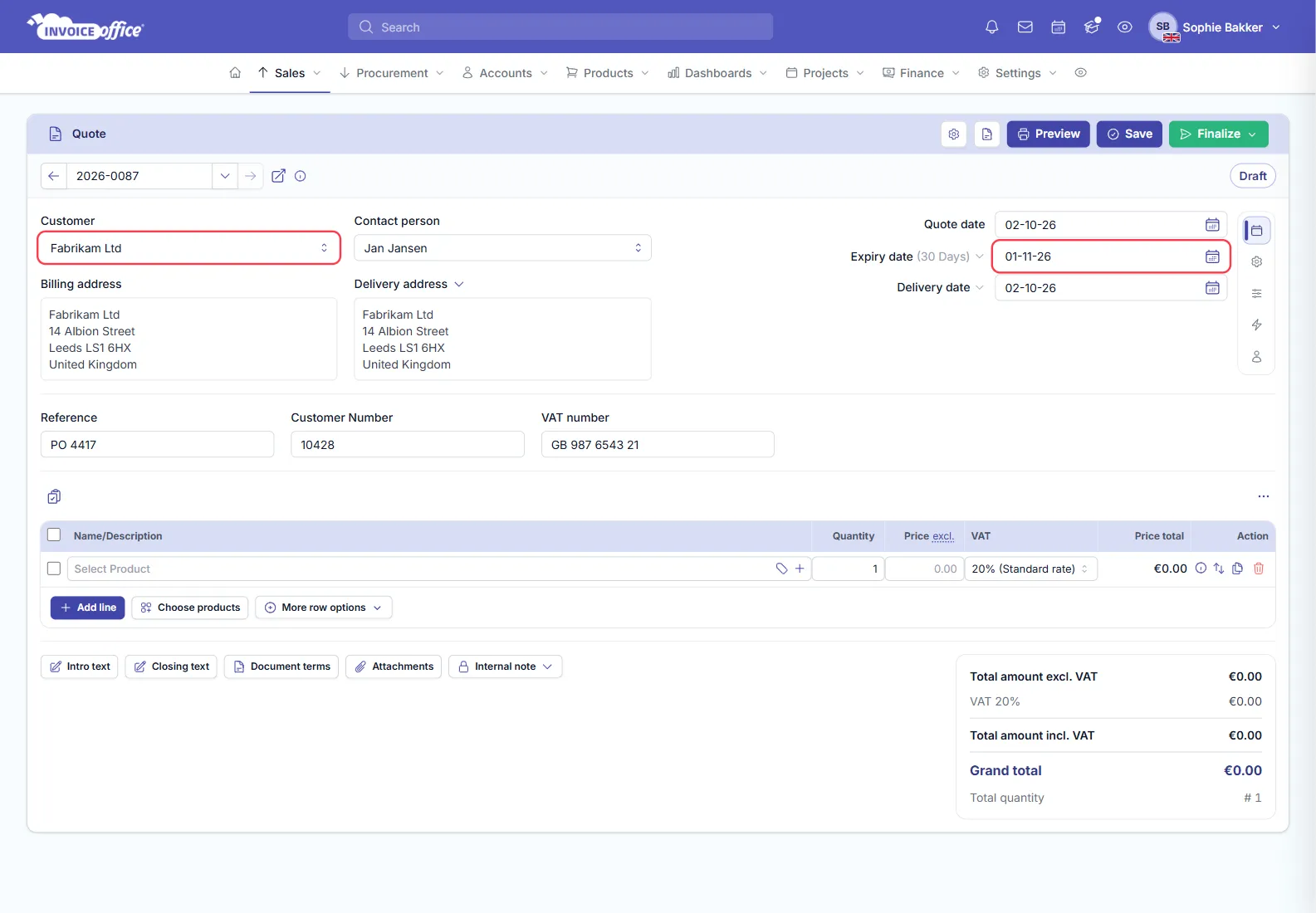An Invoice Office quote with the basics filled in: customer Fabrikam Ltd, contact person Jan Jansen, billing and delivery addresses in Leeds, customer number 10428, VAT number, and quote, expiry and delivery dates; the customer field and the expiry date are outlined in red