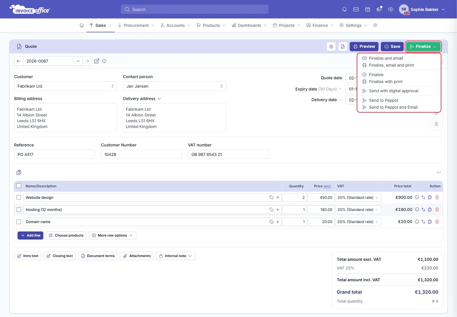The Finalize menu open on an Invoice Office quote, listing Finalize and email, Finalize, email and print, Finalize, Finalize with print, Send with digital approval, Send to Peppol and Send to Peppol and Email