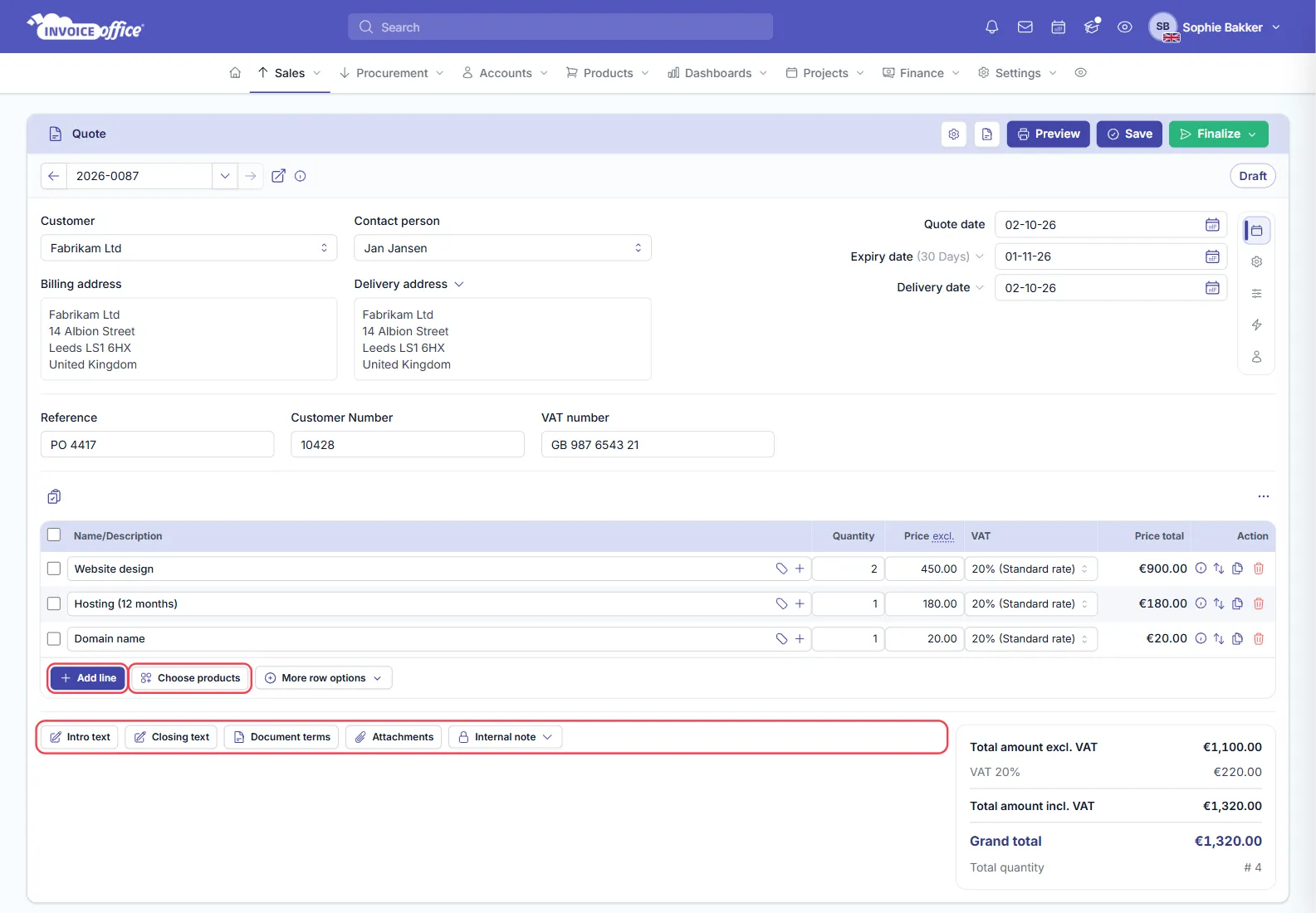 The same Invoice Office quote with three lines added — Website design 2 × €450.00, Hosting (12 months) €180.00 and Domain name €20.00 at 20% VAT — and totals of €1,100.00 excluding VAT, €220.00 VAT and €1,320.00 including VAT; Add line, Choose products and the note buttons are outlined in red
