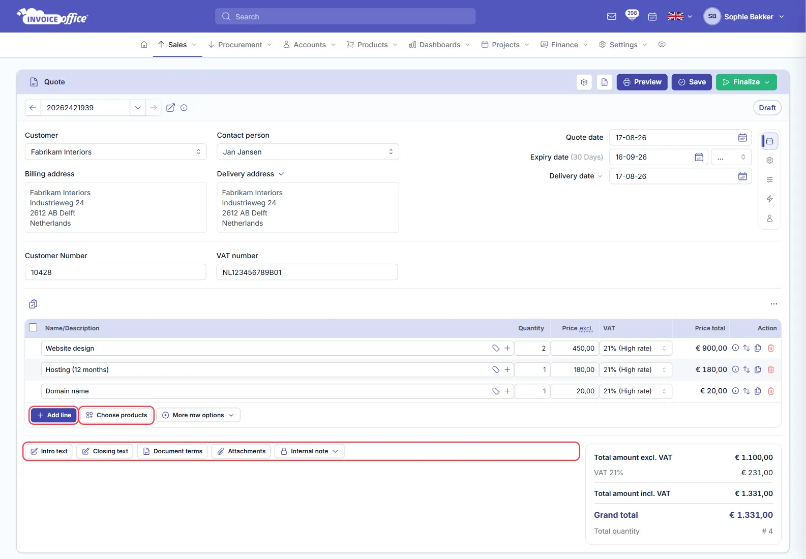 The same Invoice Office quote with three lines added — Website design 2 × 450,00, Hosting (12 months) 180,00 and Domain name 20,00 at 21% VAT — and totals of 1.100,00 excluding VAT, 231,00 VAT and 1.331,00 including VAT; Add line, Choose products and the note buttons are outlined in red