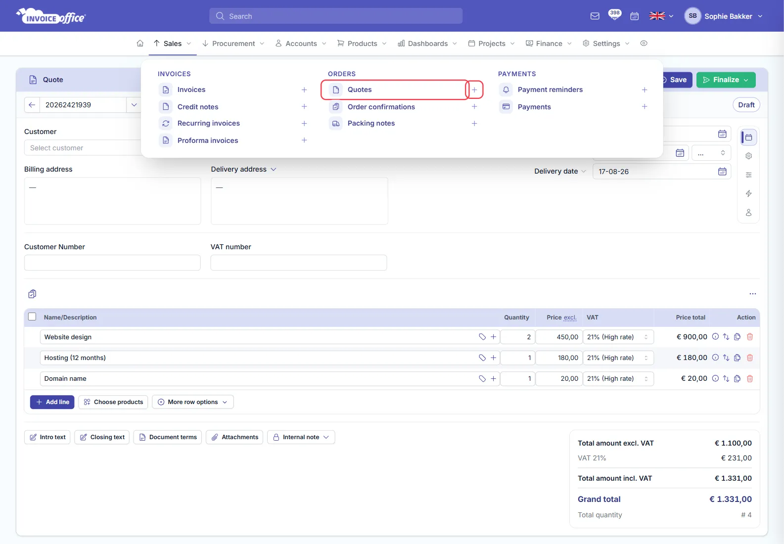 The Sales menu open in Invoice Office with Quotes, Order confirmations and Packing notes under ORDERS, each with a plus icon; Quotes and its plus icon are outlined in red