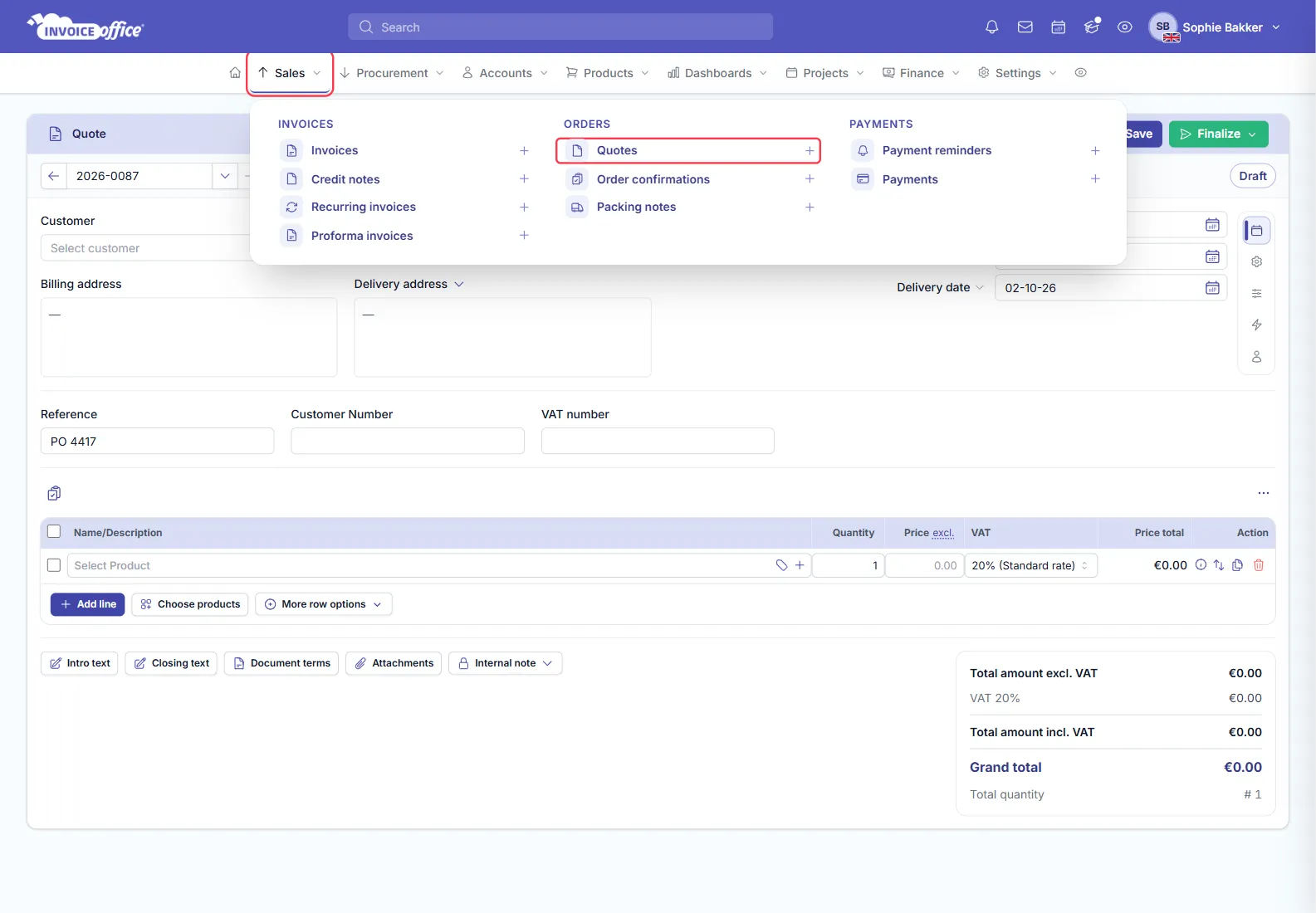 The Sales menu open in Invoice Office with Quotes, Order confirmations and Packing notes under ORDERS, each with a plus icon; Quotes and its plus icon are outlined in red