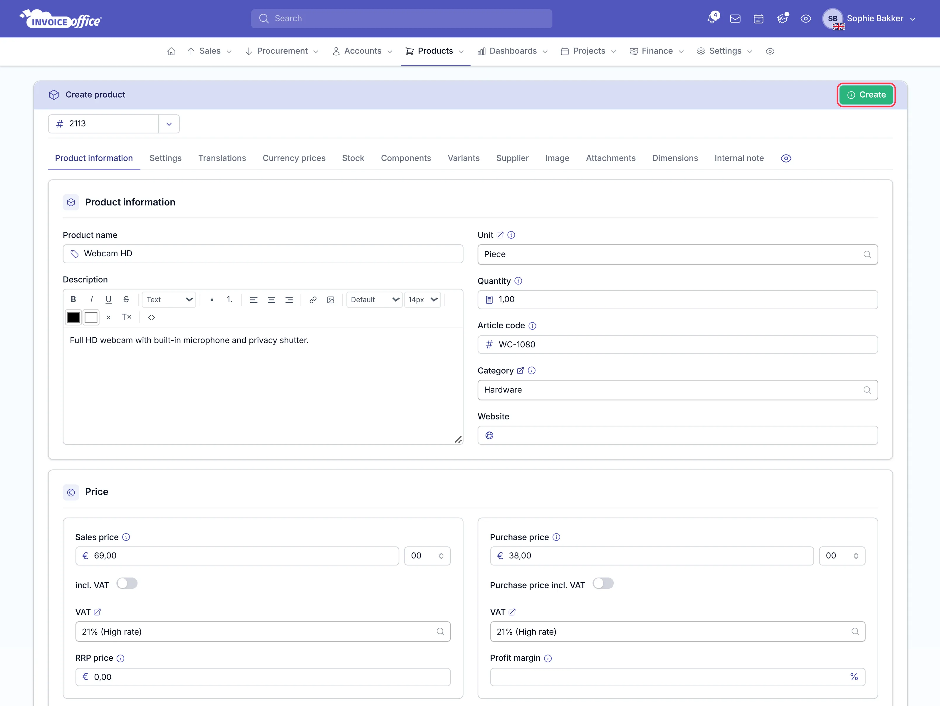 The Invoice Office create product form with Product information filled in for a Webcam HD in Pieces and the Hardware category, and a Price section with a sales price of 69,00 and purchase price of 38,00 at 21% VAT; the Create button is outlined in red