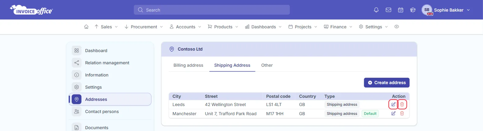 The Shipping Address tab for Contoso Ltd with the edit (pencil) and delete (bin) icons outlined in red on the Leeds address