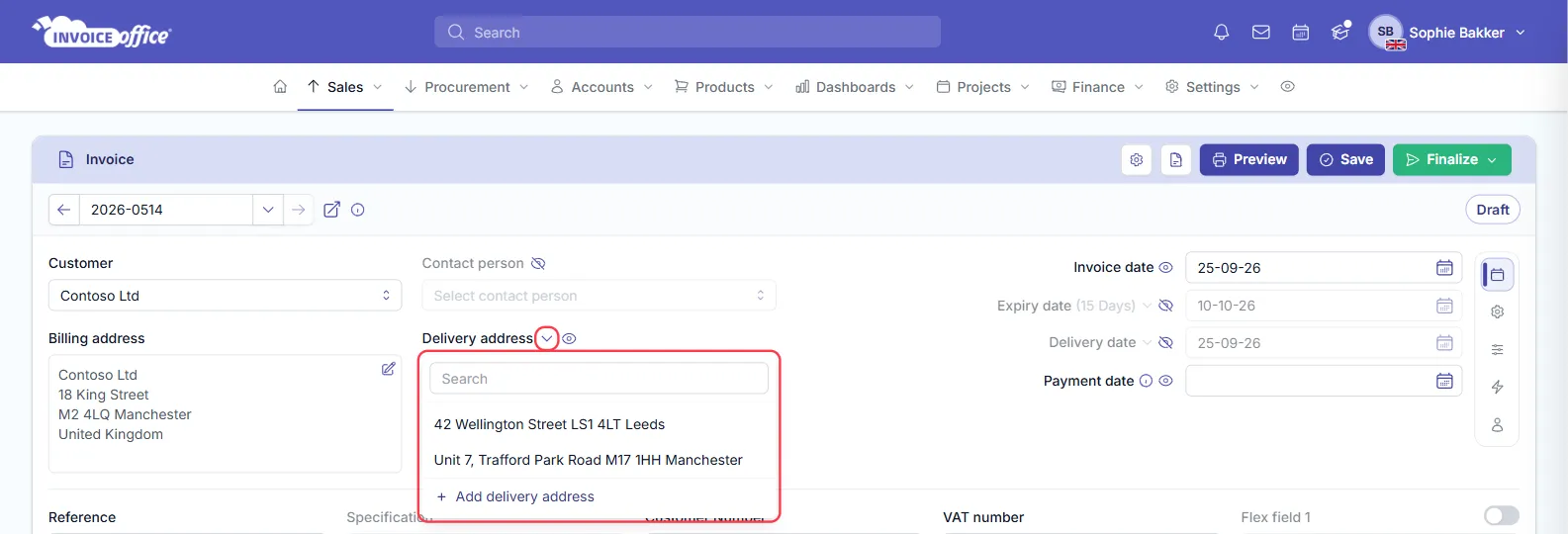 An Invoice Office invoice for Contoso Ltd with the billing address filled in and the Delivery address list open, showing the two shipping addresses in Leeds and Manchester and Add delivery address; the arrow beside Delivery address and the list are outlined in red
