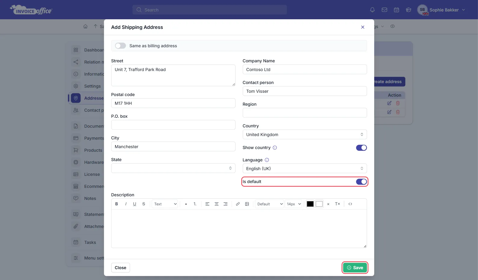 The Add Shipping Address window with Street Unit 7, Trafford Park Road, Postal code M17 1HH, City Manchester, Company Name Contoso Ltd, Contact person Tom Visser, Country United Kingdom, Show country on and Language English (UK); Is default and the Save button are outlined in red