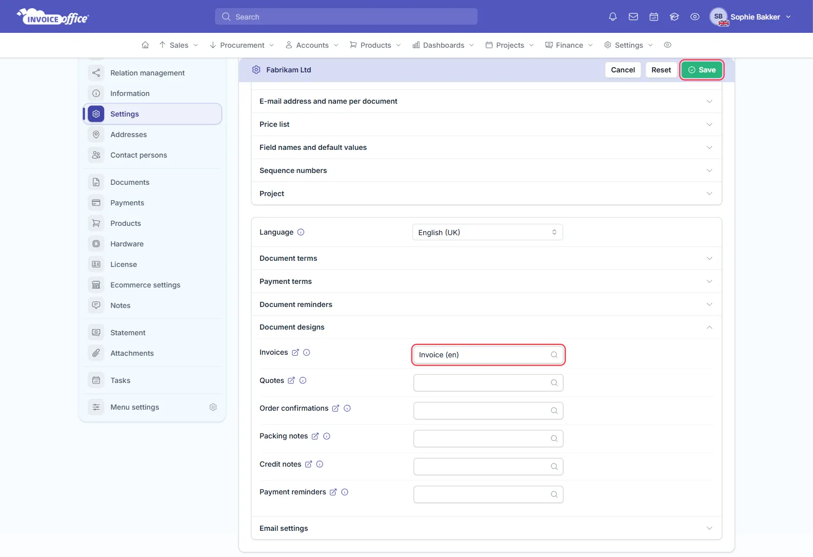 The Document designs section of Fabrikam Ltd's customer document settings in Invoice Office, with Invoice (en) chosen for Invoices and empty selectors for Quotes, Order confirmations, Packing notes, Credit notes and Payment reminders; the Invoices selector and the Save button are outlined in red