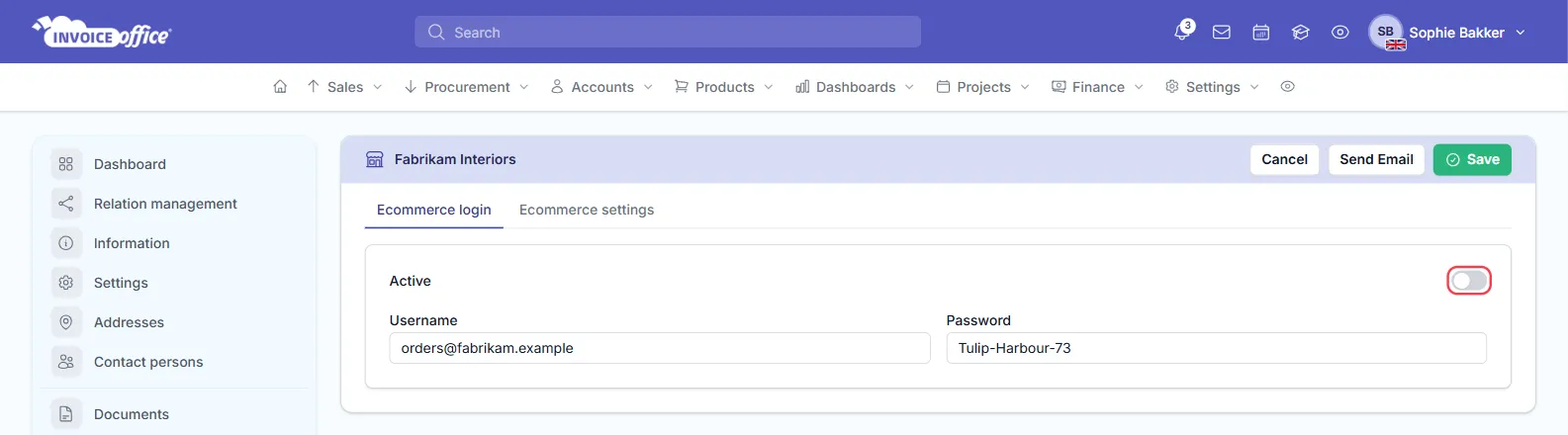 The Ecommerce login tab for Fabrikam Interiors with the Active switch turned off and the username and password still filled in; the Active switch is outlined in red