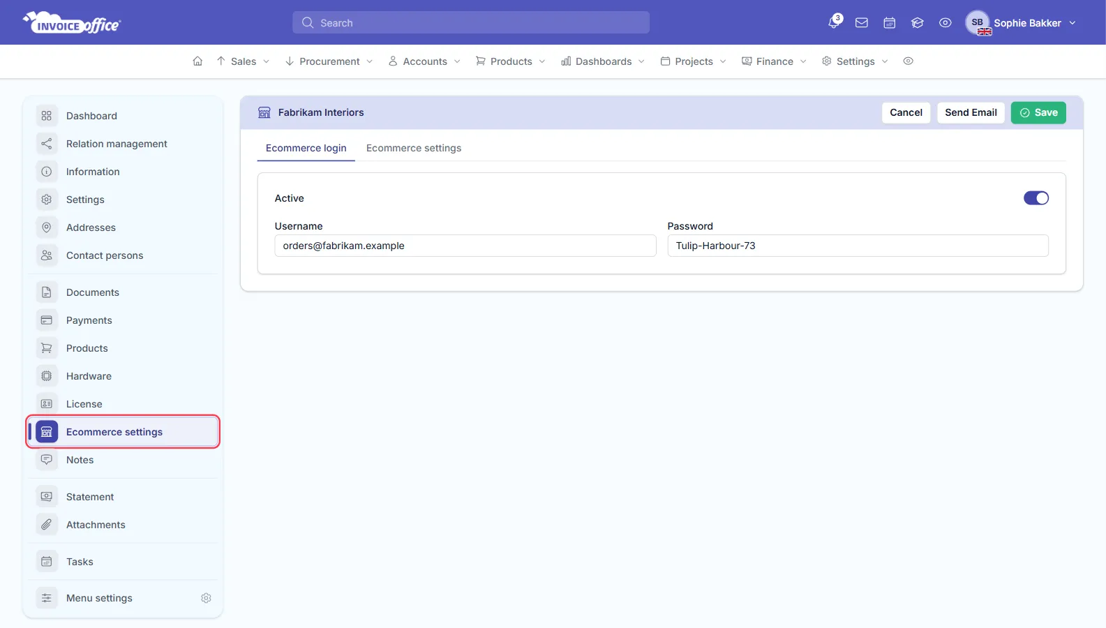 The Ecommerce settings page for Fabrikam Interiors in Invoice Office, with the customer menu on the left listing Dashboard, Relation management, Information, Settings, Addresses, Contact persons, Documents, Payments, Products, Hardware, License, Ecommerce settings, Notes, Statement, Attachments and Tasks; Ecommerce settings is outlined in red