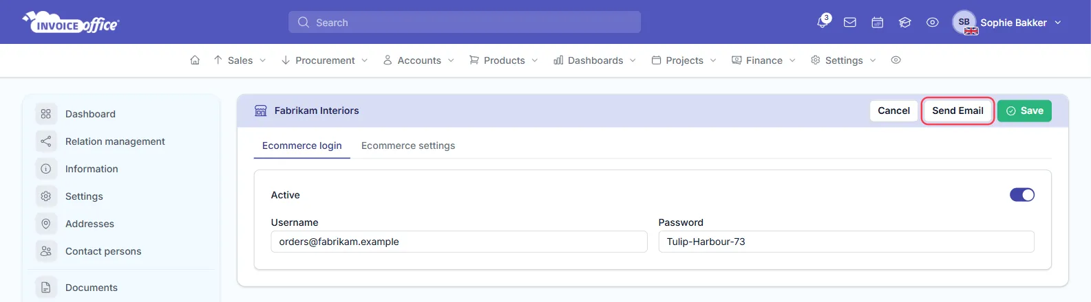 The Ecommerce login tab for Fabrikam Interiors with Cancel, Send Email and Save in the top-right of the card; Send Email is outlined in red