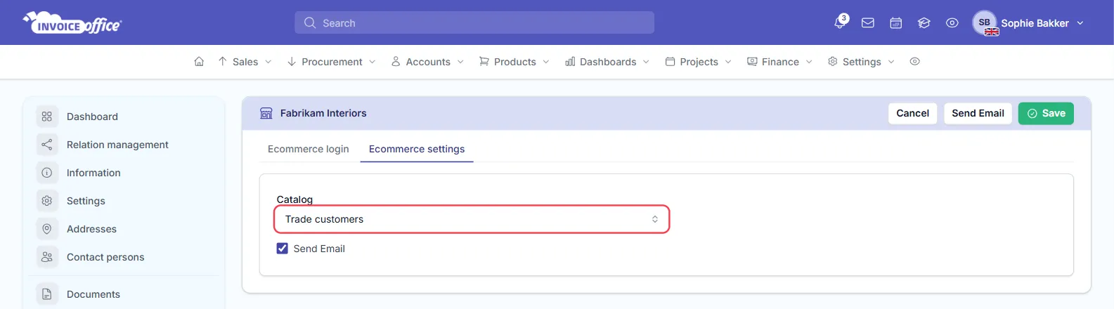 The Ecommerce settings tab for Fabrikam Interiors with Catalog set to Trade customers and the Send Email checkbox ticked; the Catalog field is outlined in red