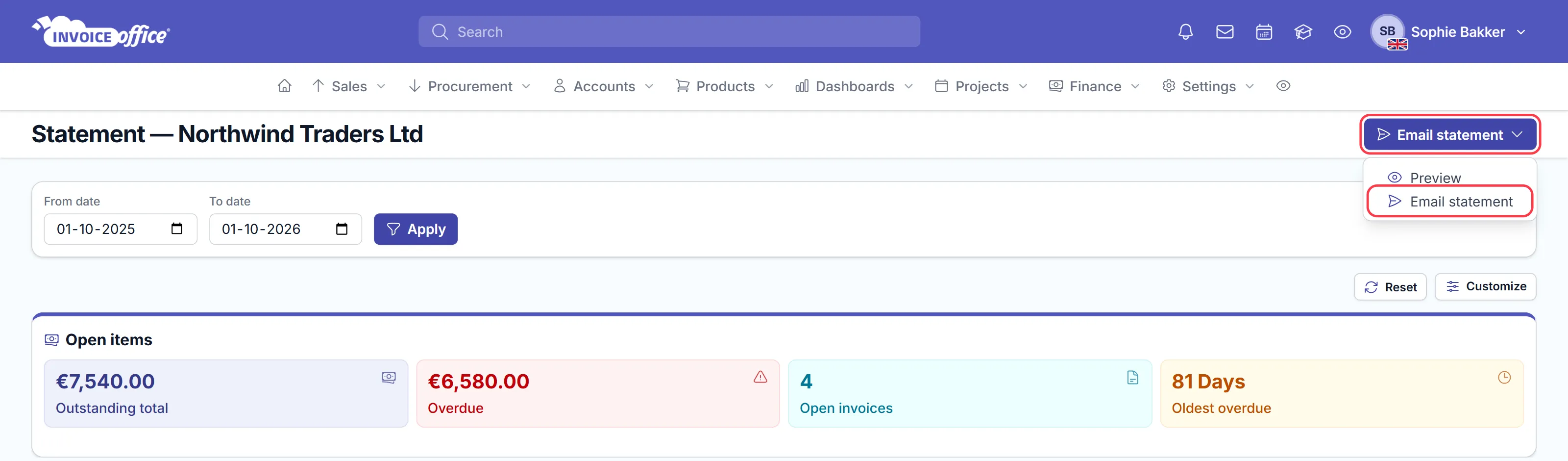 The Email statement menu at the top right of a customer statement in Invoice Office, open with Preview and Email statement; the Email statement button and menu item are outlined in red