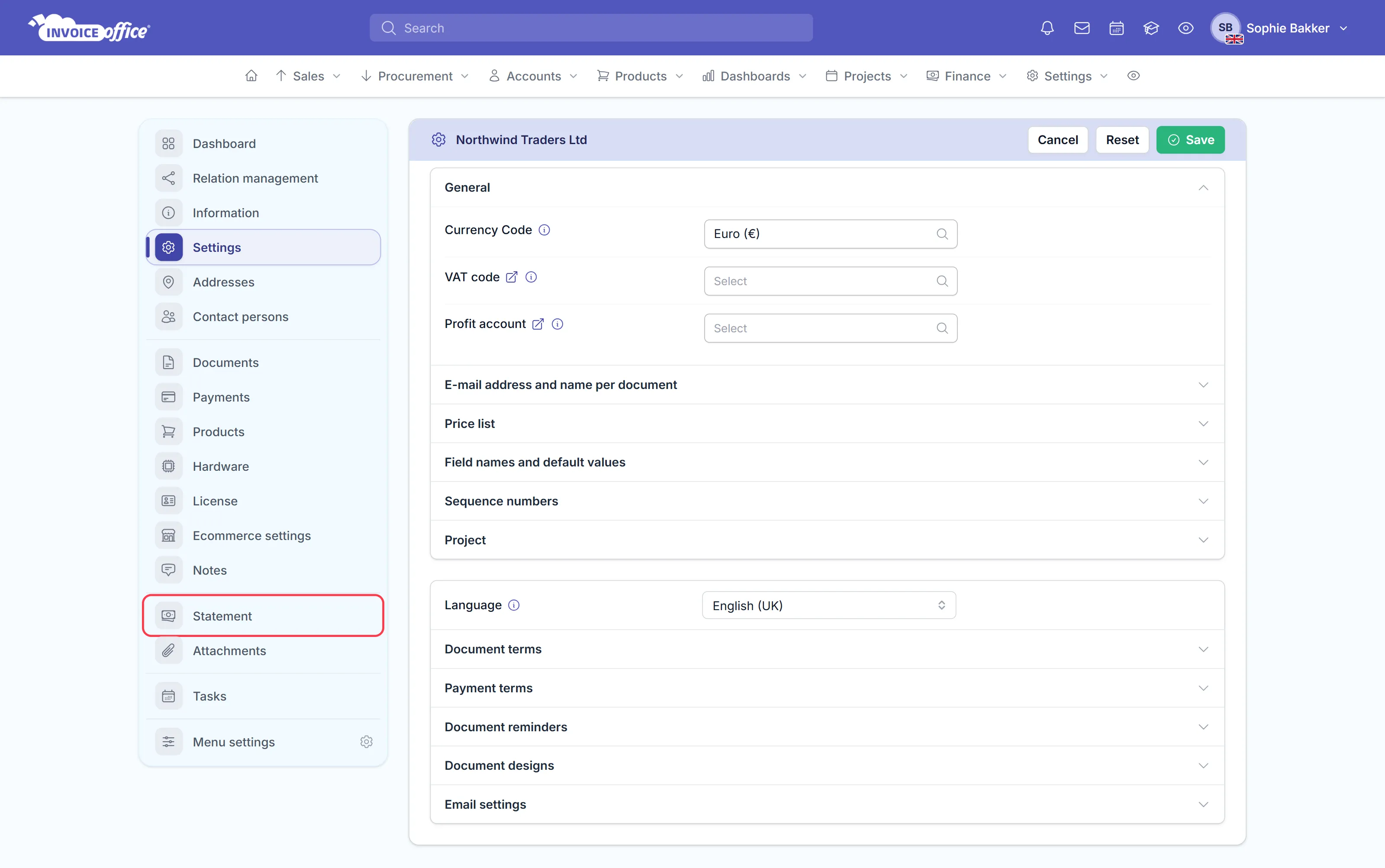 The Settings page of customer Northwind Traders Ltd in Invoice Office, with the customer menu on the left listing Dashboard, Relation management, Information, Settings, Addresses, Contact persons, Documents, Payments, Products, Hardware, License, Ecommerce settings, Notes, Statement, Attachments and Tasks; Statement is outlined in red