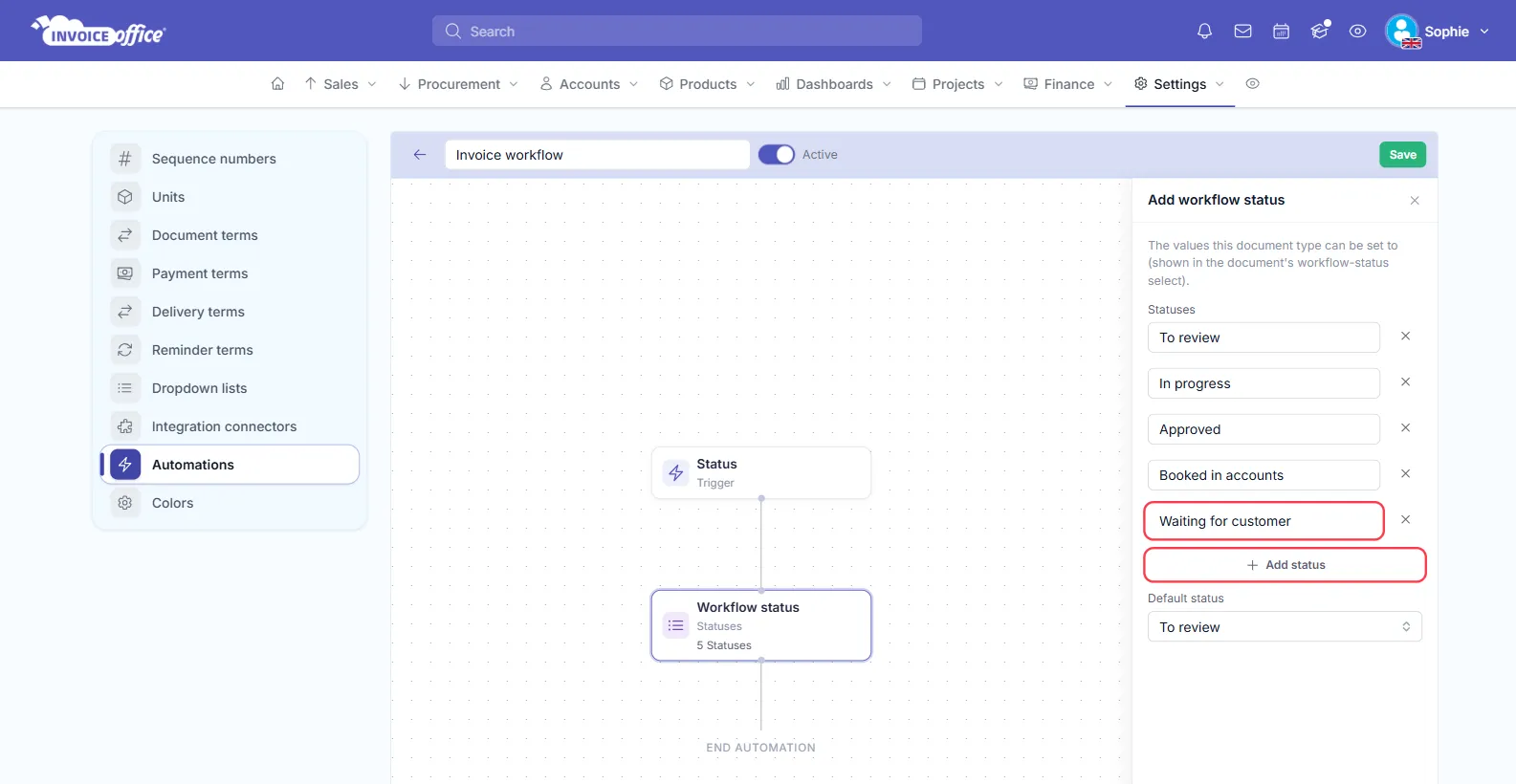 The Add workflow status panel in Invoice Office with a fifth status, Waiting for customer, added below To review, In progress, Approved and Booked in accounts; the new status field and the Add status button are outlined in red