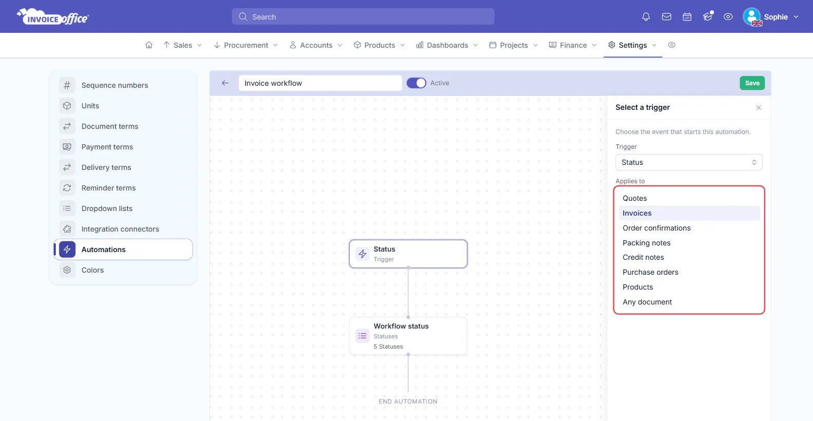 The Invoice Office automation editor for Invoice workflow with the Status trigger selected; the Applies to list, outlined in red, shows Quotes, Invoices, Order confirmations, Packing notes, Credit notes, Purchase orders, Products and Any document, with Invoices chosen
