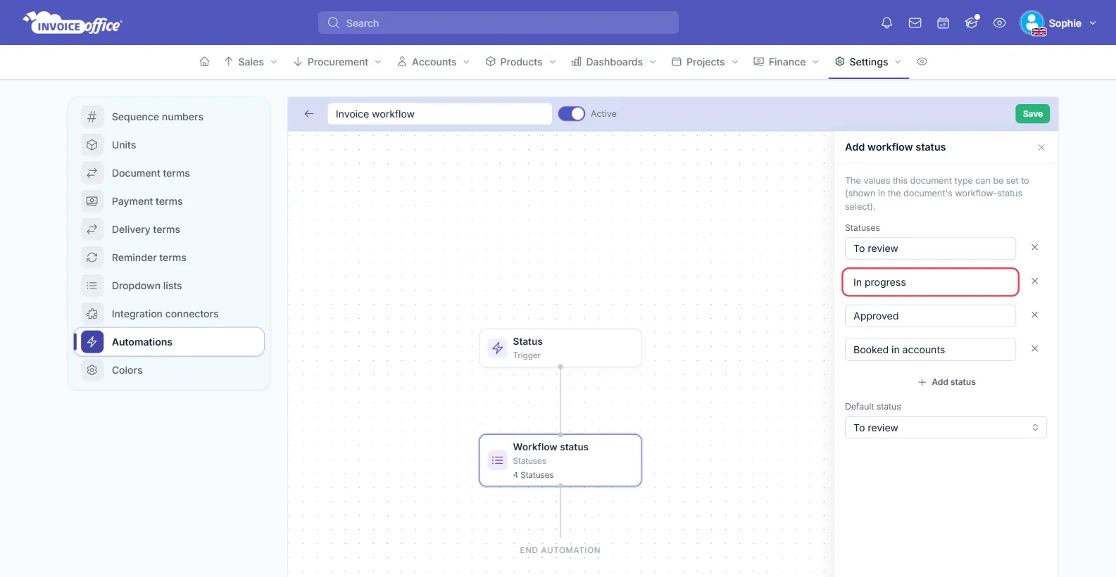 The Add workflow status panel in the Invoice Office automation editor listing the statuses To review, In progress, Approved and Booked in accounts; the In progress status name field is outlined in red
