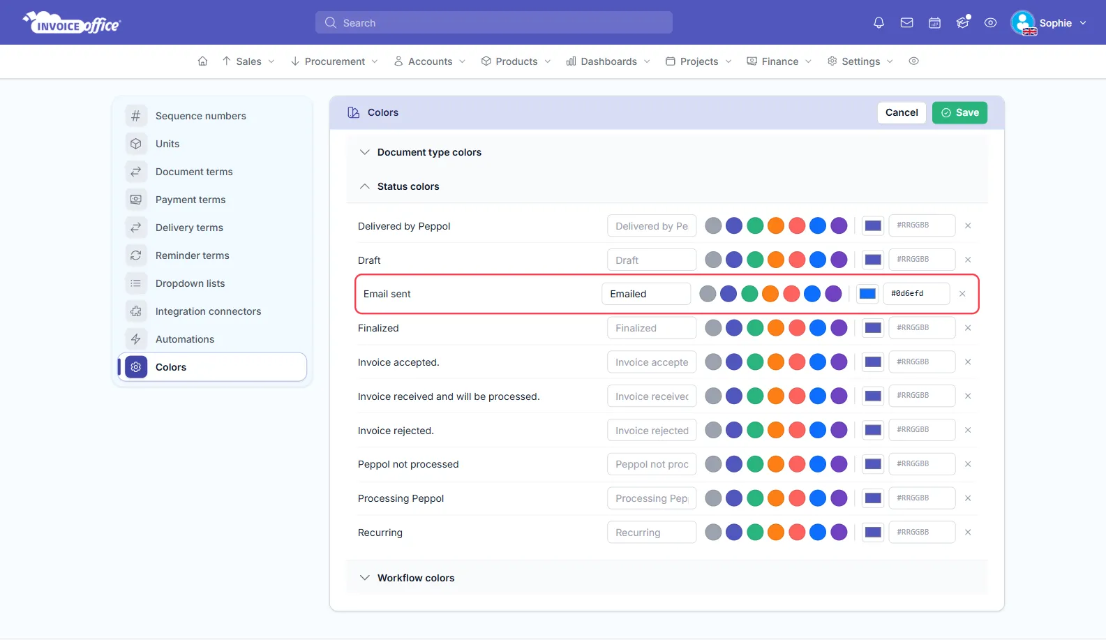 The Status colors panel on the Invoice Office Colors page listing the fixed document statuses; the Email sent row, renamed to Emailed and set to the colour #0d6efd, is outlined in red