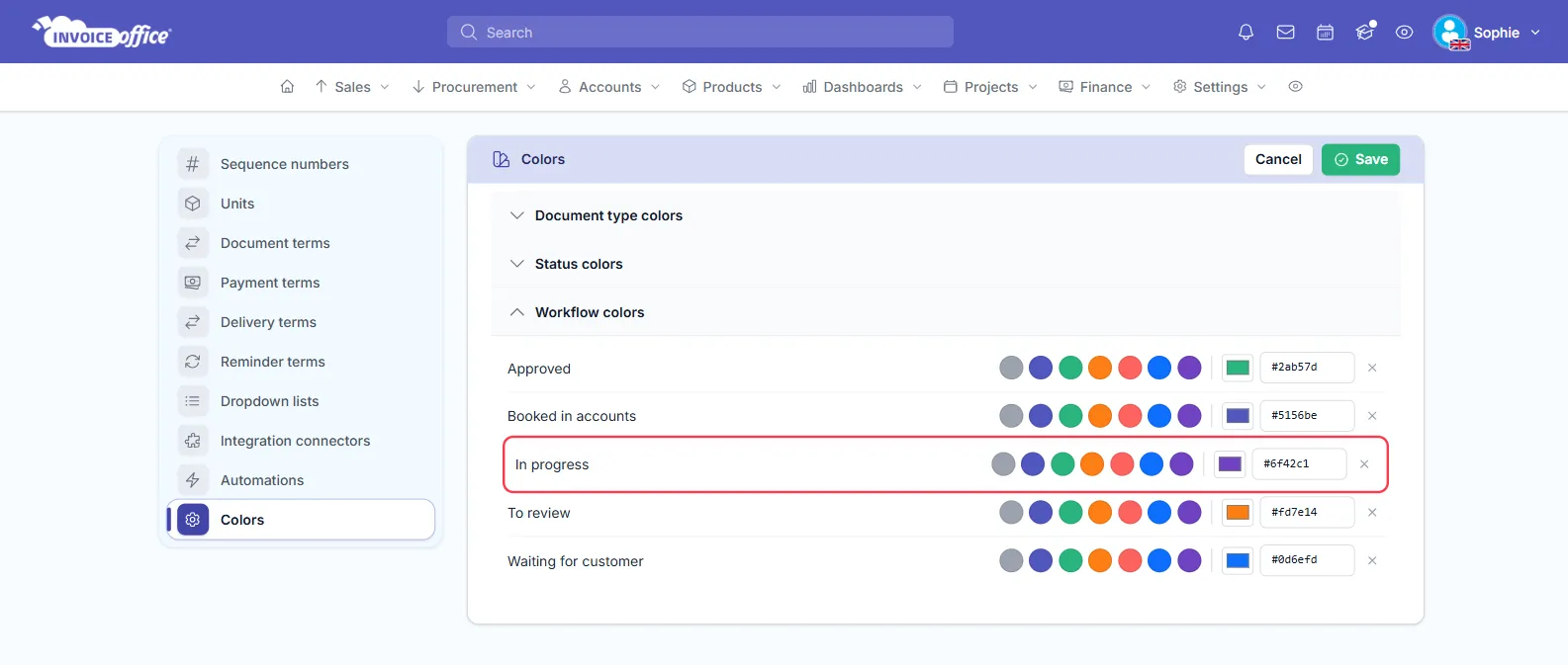 The Colors settings page in Invoice Office with the Workflow colors panel open; the In progress row, set to purple #6f42c1, is outlined in red, and Approved, Booked in accounts, To review and Waiting for customer each have their own colour